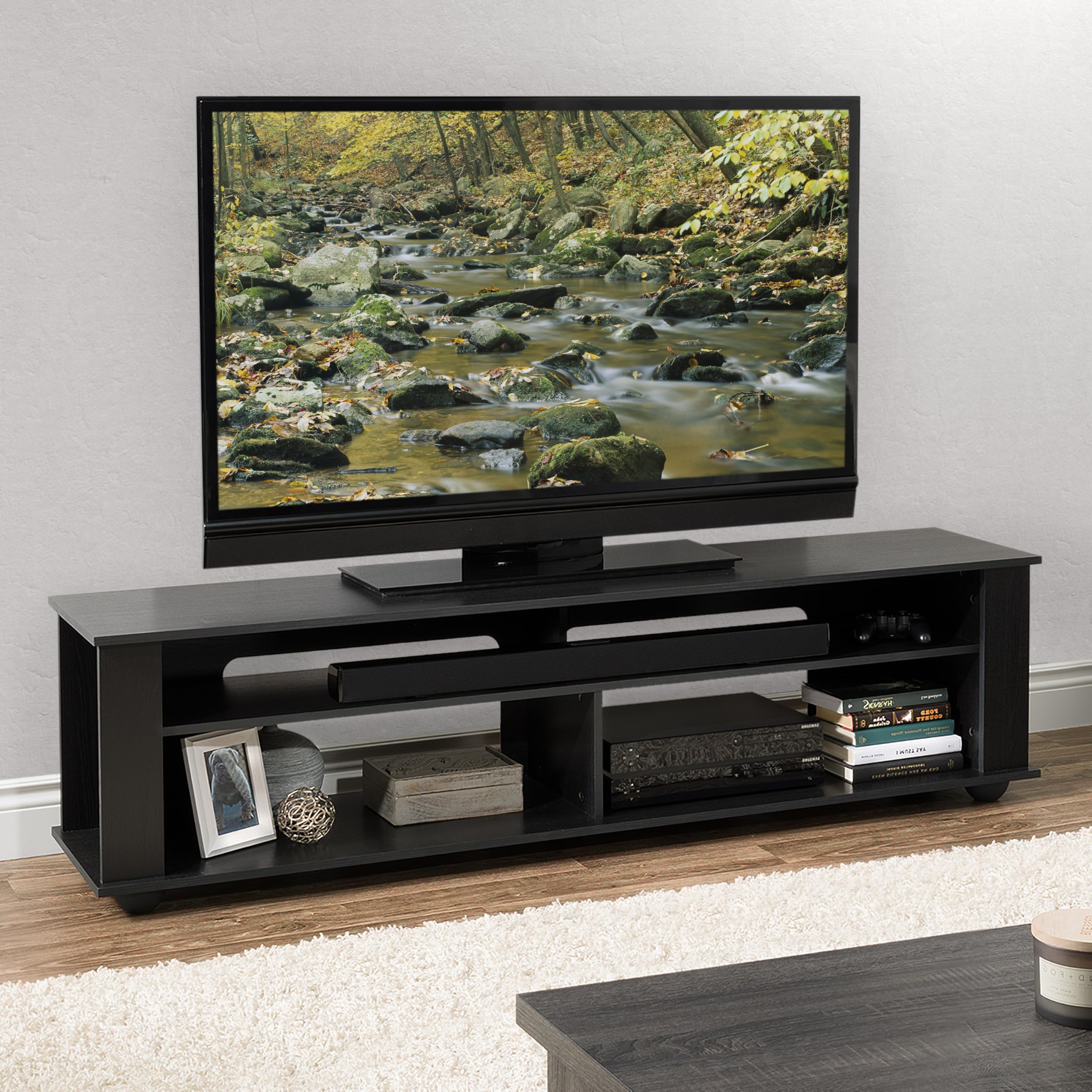 CorLiving Bakersfield Black Engineered Wood TV Stand with Open Shelves & Sound Bar Space - 85 Inch Entertainment Center for Living Room, Bedroom & Home Theater