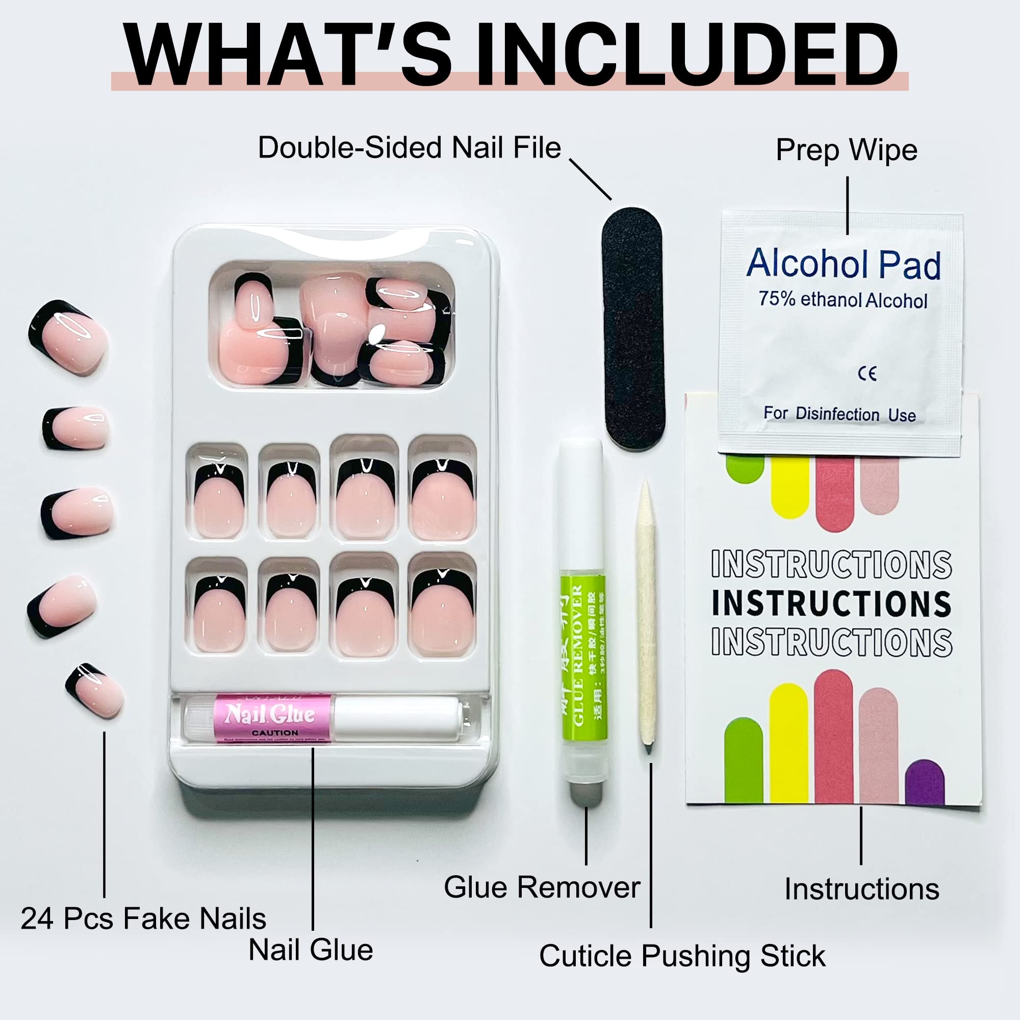Celepaty Short Black Glossy Press on Nails Kit - 24Pcs French Tip Fake Nails with Glue - Square & Oval Full Cover Gel False Nails for Women & Girls - Perfect for Parties, Weddings & Daily Wear