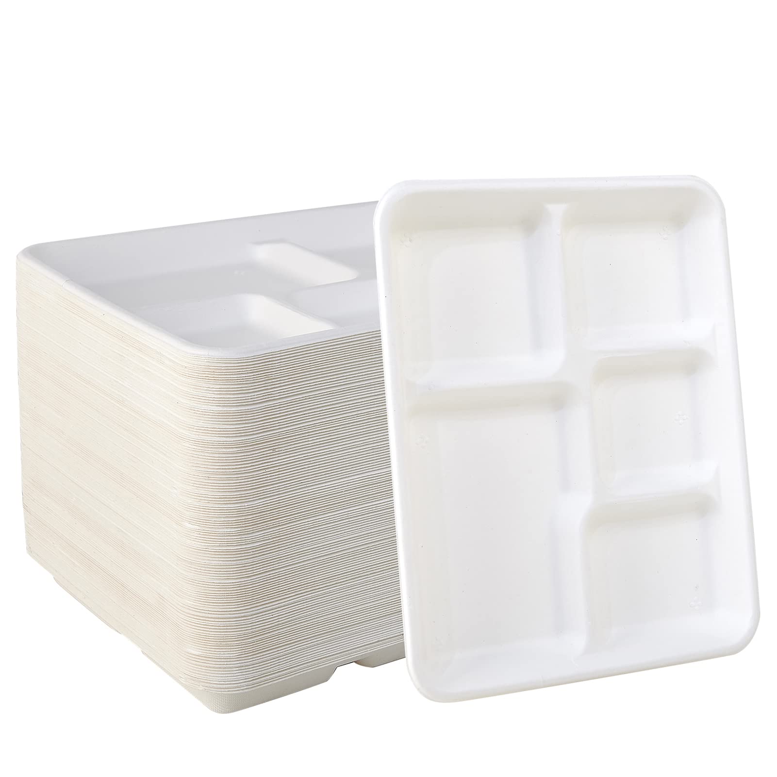 Vplus 500 Pack 5-Compartment Biodegradable Paper Plates - 10.25x8.5 Inch Eco-Friendly Disposable Lunch Trays for School, Party & Buffet - Made from Sustainable Bagasse Fiber - Perfect for Kids Meals, Picnics & Catering Events