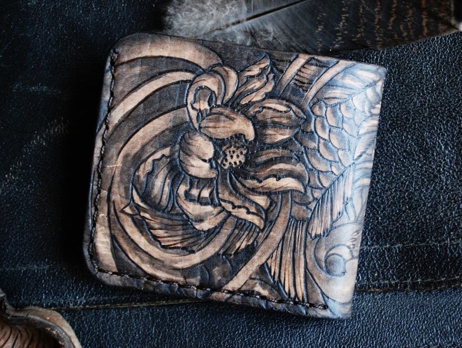 Handmade 3D Genuine Leather Men's Bifold Wallet - Custom Carved & Tooled with Japanese Hokusai Prosperity Carp Design - Perfect for Gifts, Business & Everyday Use