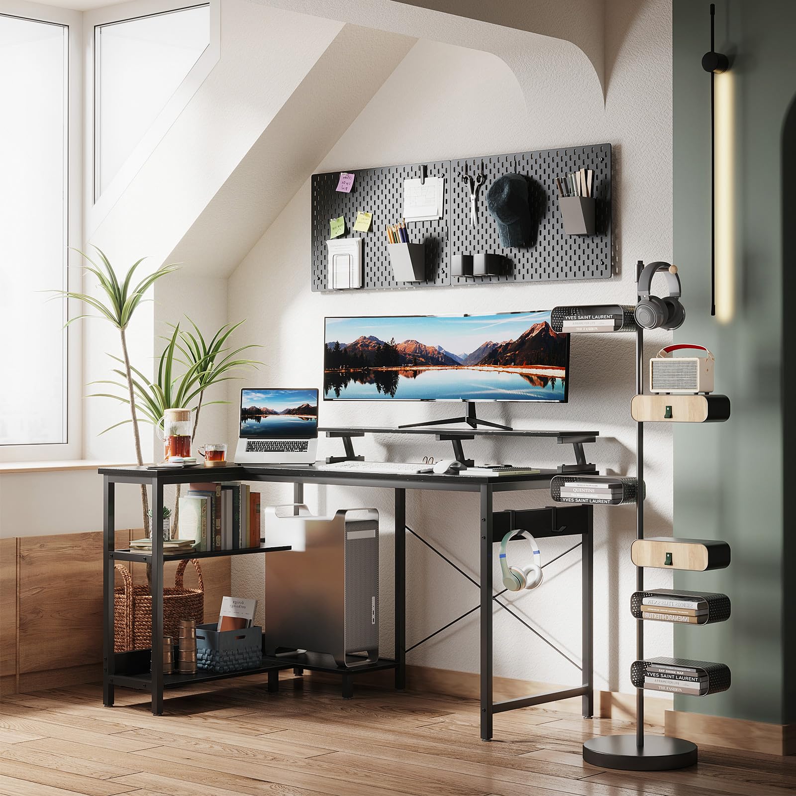 ODK L-Shaped Gaming Desk with Reversible Shelves, Computer Desk with Monitor Stand & Headphone Hooks for Home Office (Black, 120x80x88cm) - Perfect for Gaming Setup, Workstation & Small Spaces