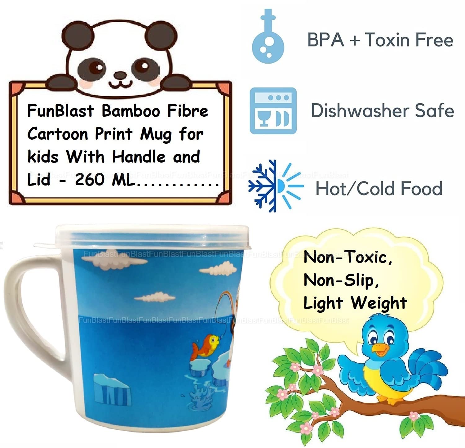 FunBlast Kids Milk Mug with Lid – BPA Free Cartoon Penguin Design Bamboo Fiber Cup for Toddlers & Children, 260ml Insulated Drinking Mug for Milk, Juice & Water – Perfect for Home, School & Travel