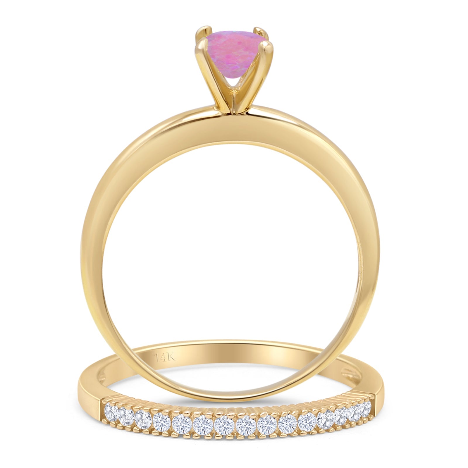 14K Yellow Gold Two Piece Round Solitaire Half Eternity Band - Lab Created Pink Opal Bridal Ring Set for Women | Perfect for Engagement, Wedding, Anniversary & Everyday Elegant Jewelry