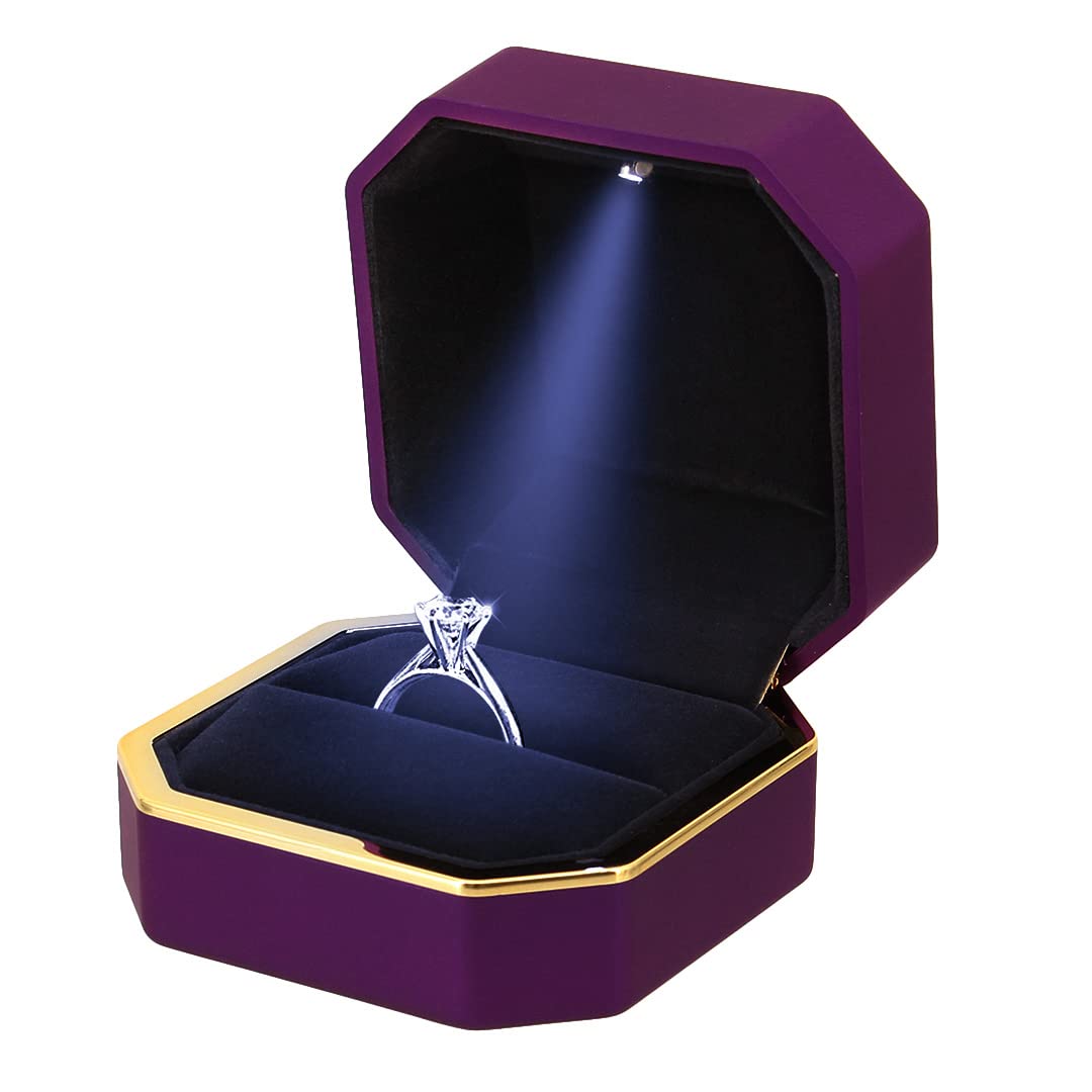 Multifit Square Velvet Engagement Ring Box with LED Light - Jewelry, Coin, Gift Storage Case (Purple) | Perfect for Proposals, Wedding Rings & Special Occasions