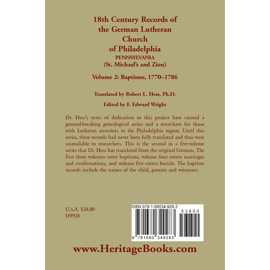18th Century German Lutheran Church Records - St. Michael's & Zion Philadelphia PA Vol. 2: Baptisms 1770-1786 | Genealogy Research & Family History Resource