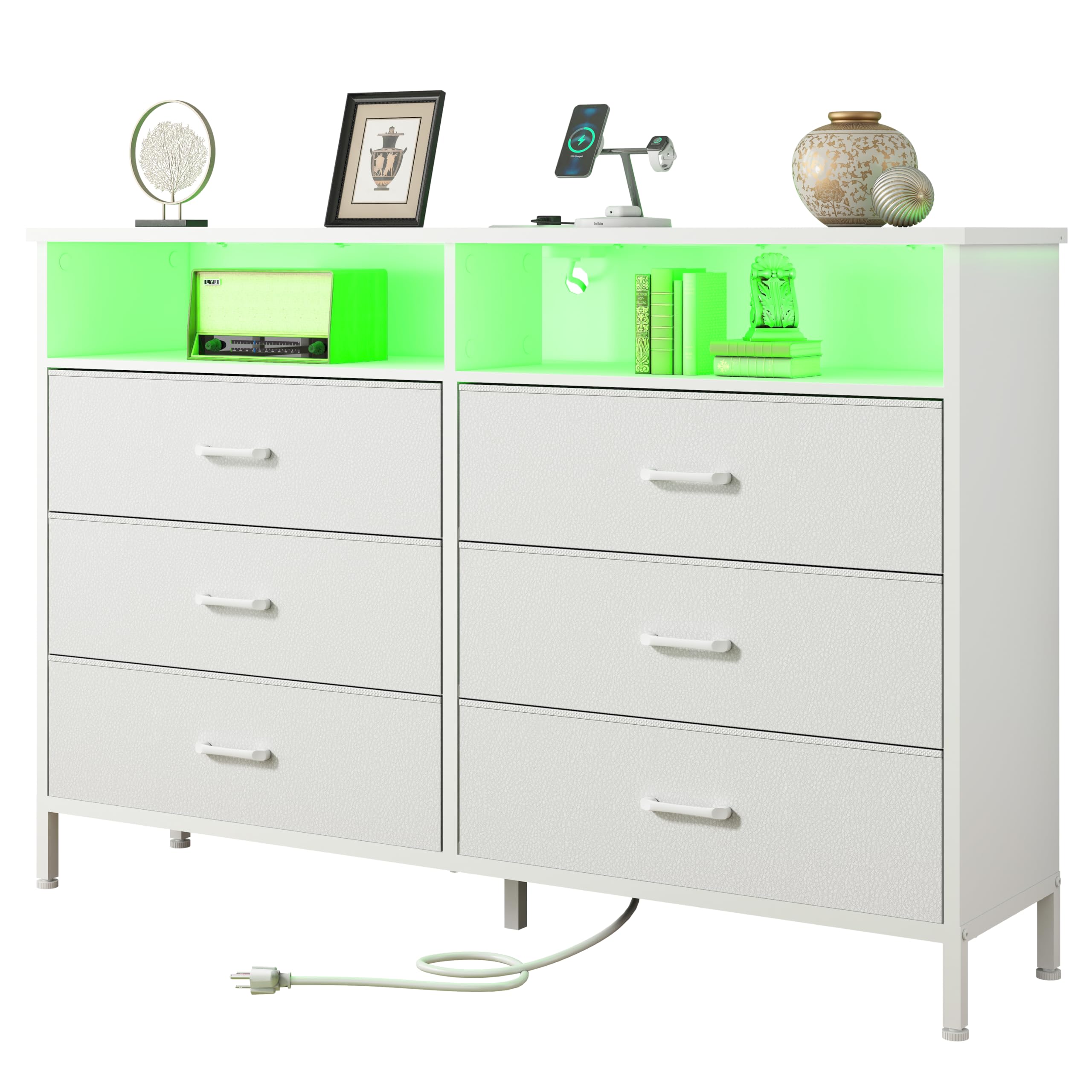 White Fabric LED Dresser with Charging Station - 6-Drawer Tall Chest for Bedroom & Living Room, Storage Organizer & TV Stand for up to 60