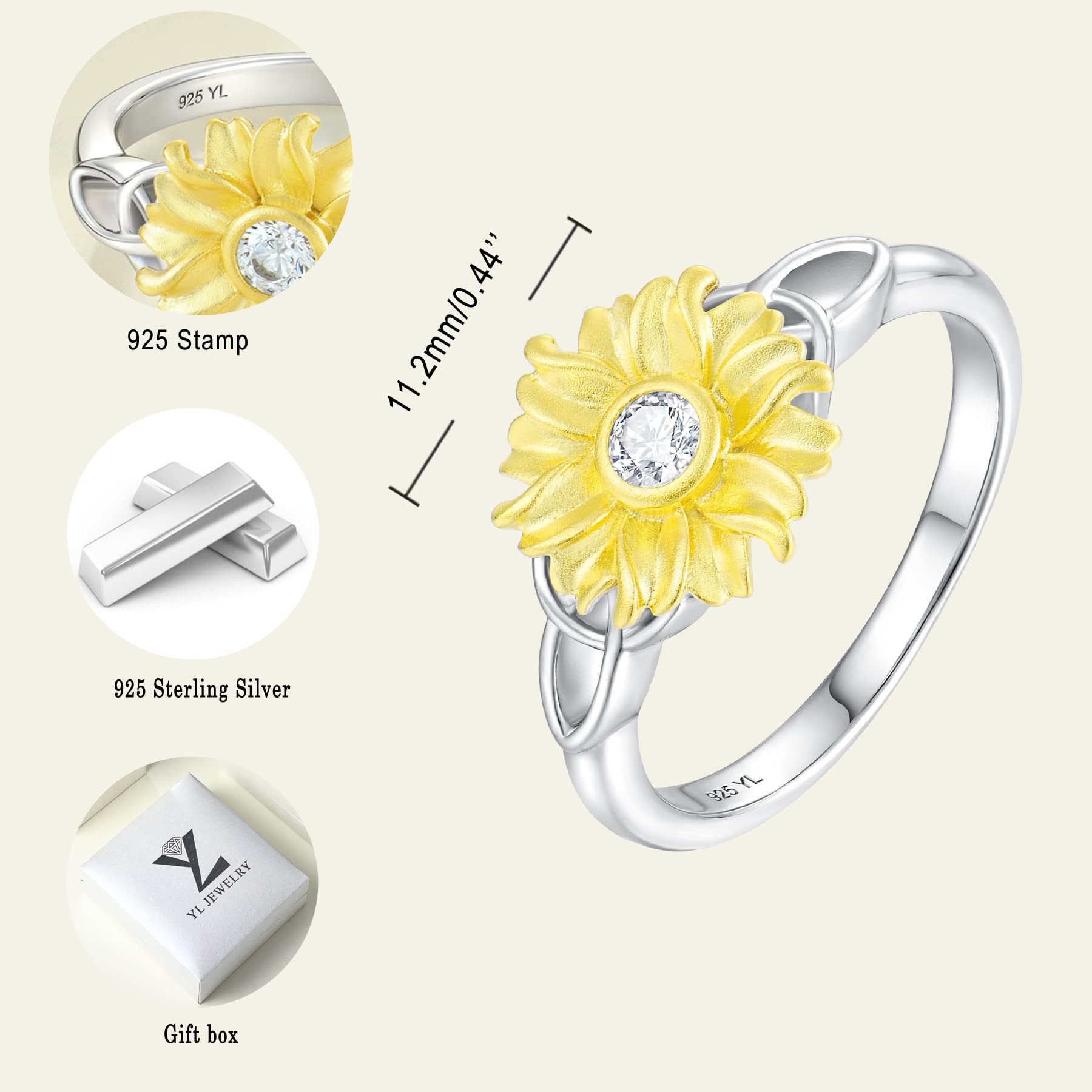 YL Sunflower Rings for Women - 925 Sterling Silver Infinity Rings with Cubic Zirconia Flower Jewelry - Perfect for Everyday Wear, Gift Giving & Special Occasions