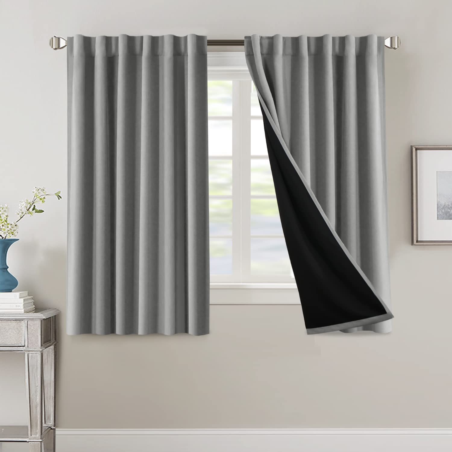 H.VERSAILTEX 100% Blackout Curtains for Bedroom & Living Room - Thermal Insulated Window Drapes with Black Liner, 54 Inches Long, Full Room Darkening, Back Tab/Rod Pocket Design, 2 Panels in Dove Grey - Perfect for Light Sleepers, Home Theater & Energy Efficiency