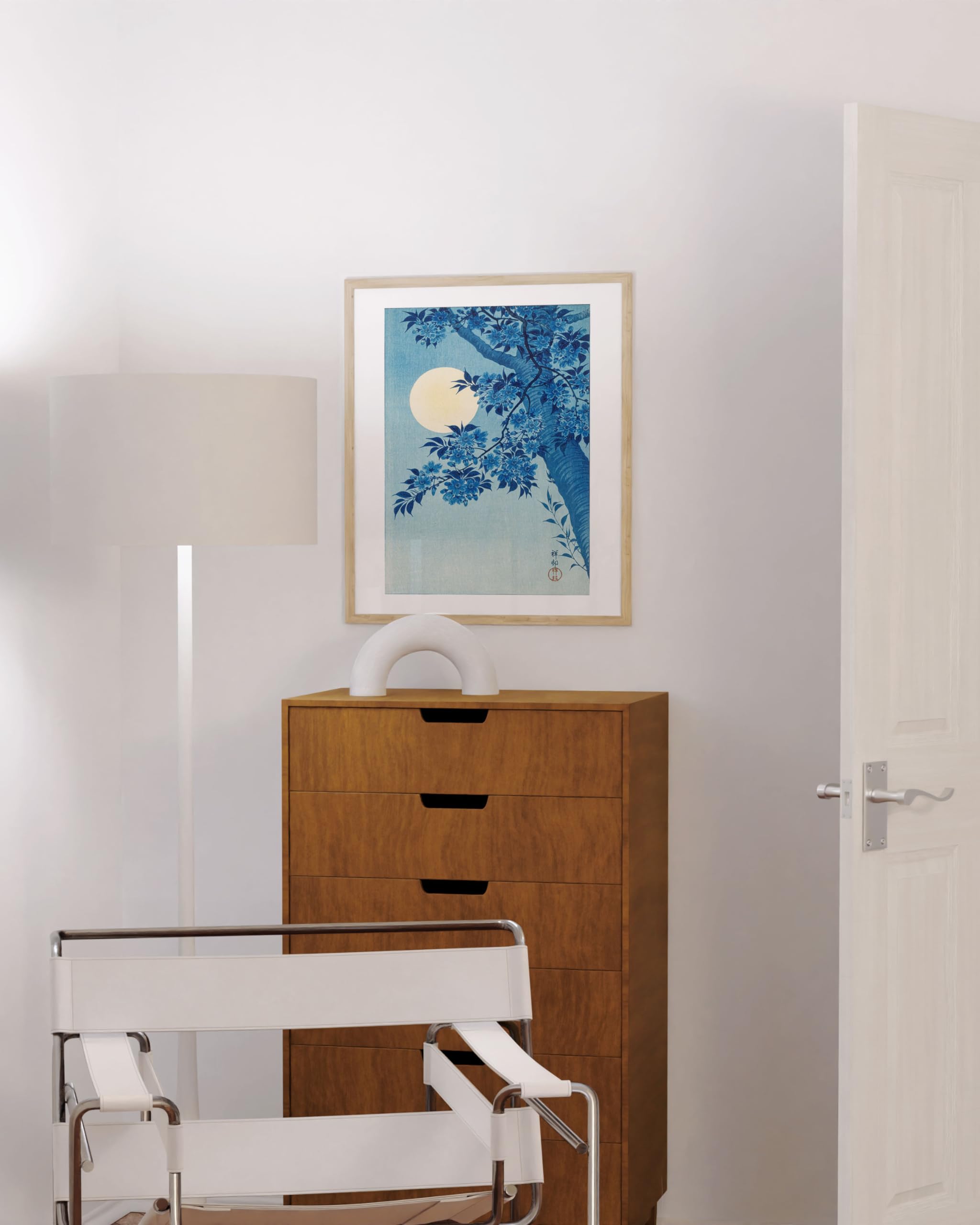 HAUS AND HUES Blue Japanese Japandi Floral Art Print - Traditional Blue & White Asian Wall Decor Poster with Beige Frame (12x16) - Perfect for Boho Bedroom, Living Room & Office Aesthetic
