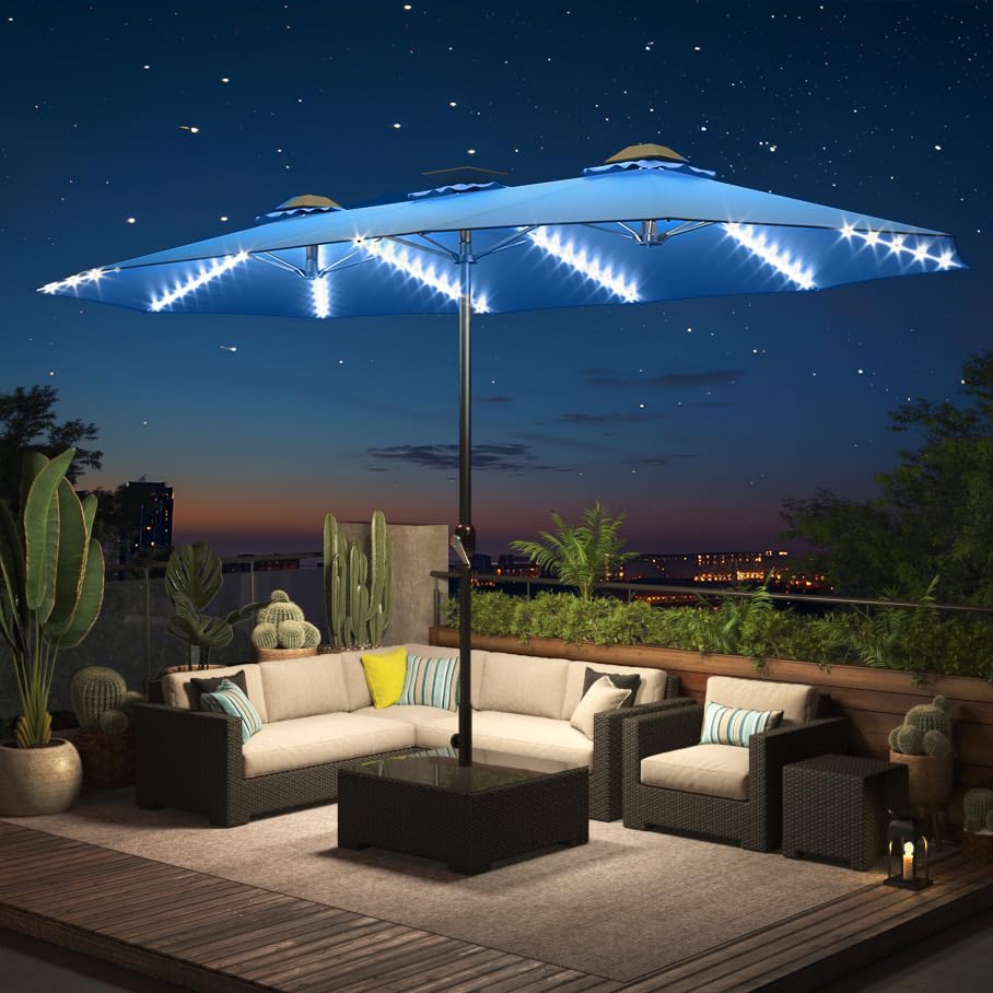 AECOJOY 15ft Solar LED Patio Umbrella with 156 Lights - Large Rectangle Outdoor Cantilever Umbrella (180