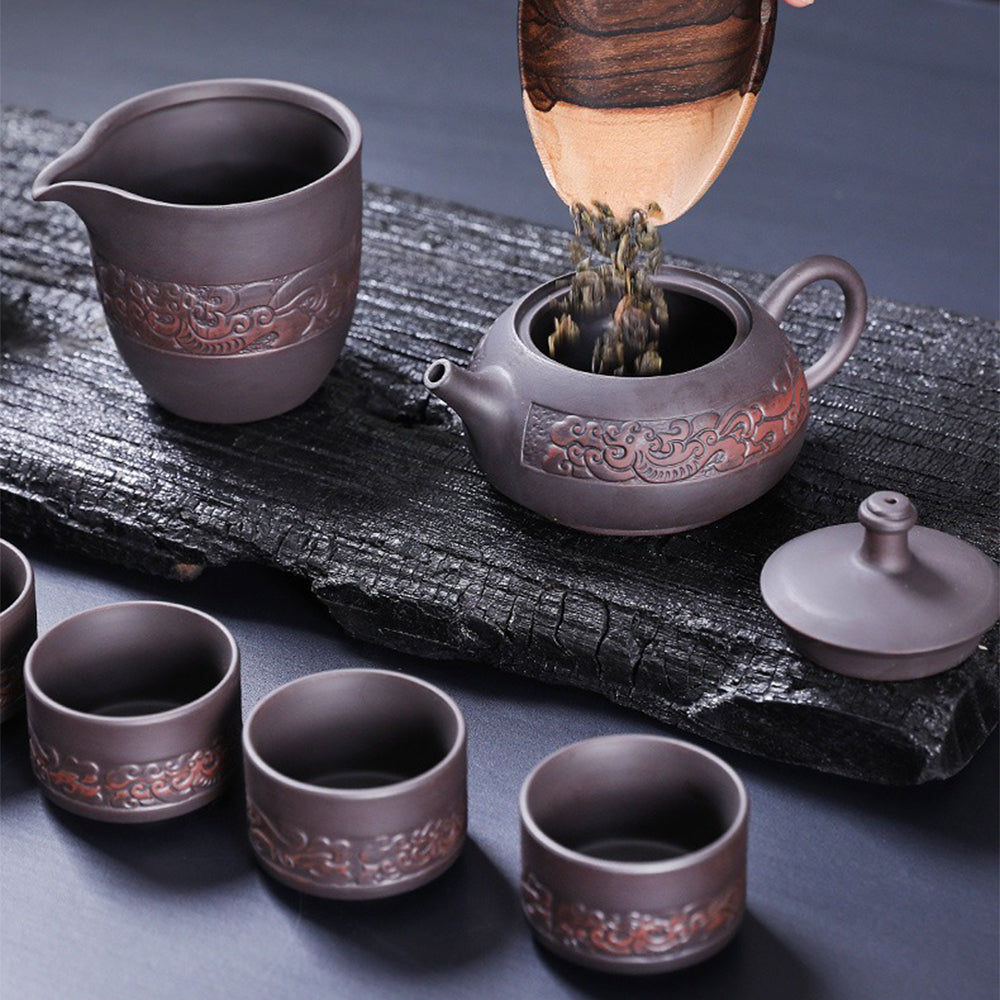 Premium Yixing Purple Clay Relief Lotus Tea Set - Handcrafted Chinese Gongfu Tea Ceremony Set for Brewing Oolong, Pu-erh & Black Tea - Perfect for Home, Office & Meditation