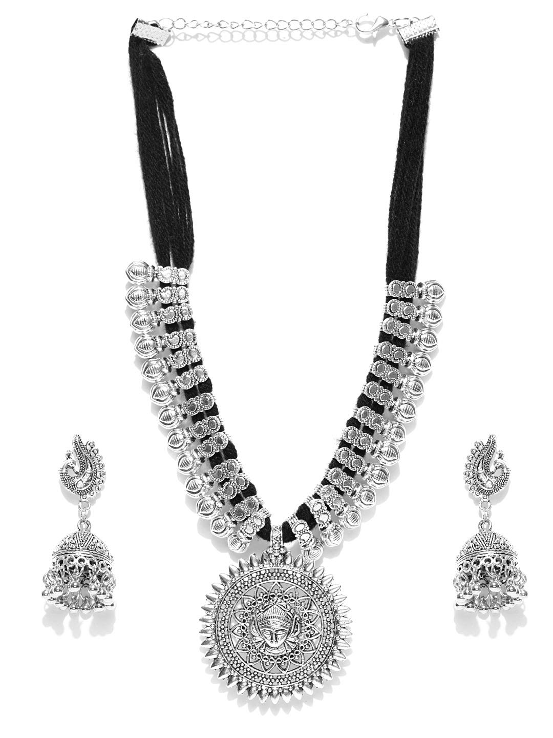 Antique German Silver Oxidized Plated Tribal Cotton Thread Jewelry Set for Women & Girls - Necklace & Earrings Set | Boho Chic Accessories for Parties, Weddings & Festivals