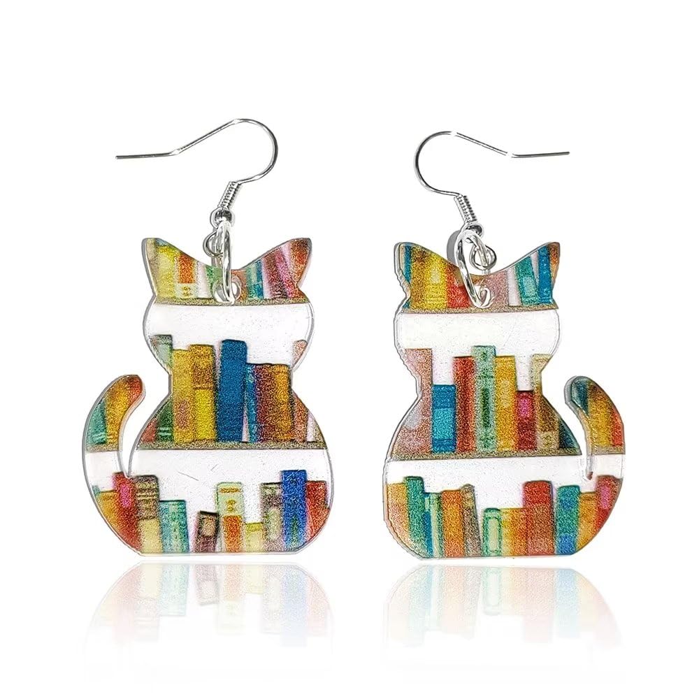 Cute Acrylic Book Shelf Dangle Earrings - Cartoon Cat & Dog Design for Women, Teachers & Girls - Perfect Back to School Jewelry Gift for Book Lovers & Readers