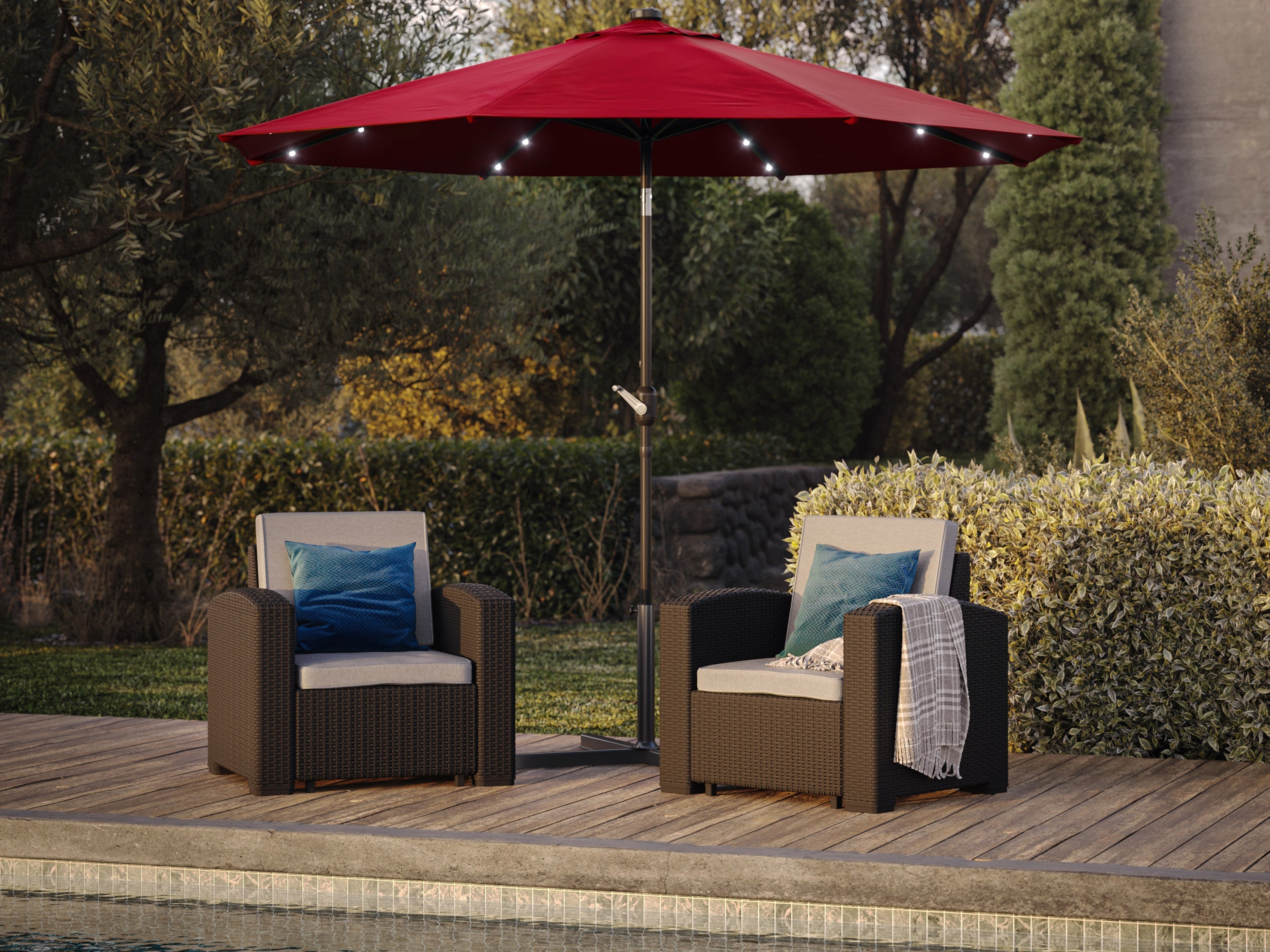 9ft Burgundy Outdoor Patio Umbrella with LED Lights - Waterproof Cantilever Sun Shade for Garden, Poolside, and Backyard Relaxation
