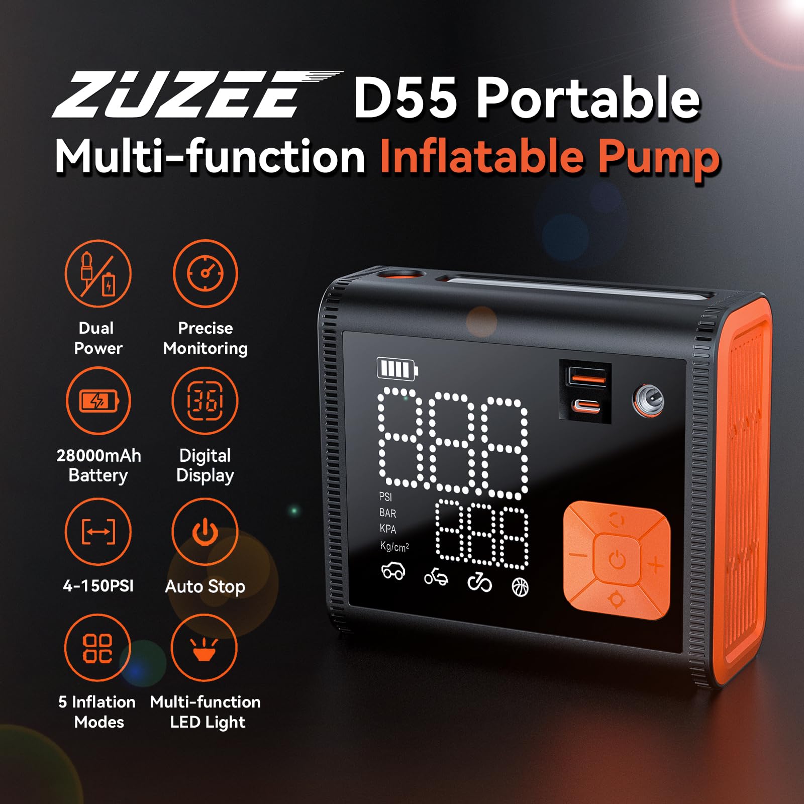150 PSI Portable Tire Inflator Air Compressor - 3X Faster Dual Cylinder Pump with 28000mAh Battery | Dual Power Mode for Cars, Motorcycles, Bikes & Sports Equipment | Emergency Roadside & Home Inflation Solution
