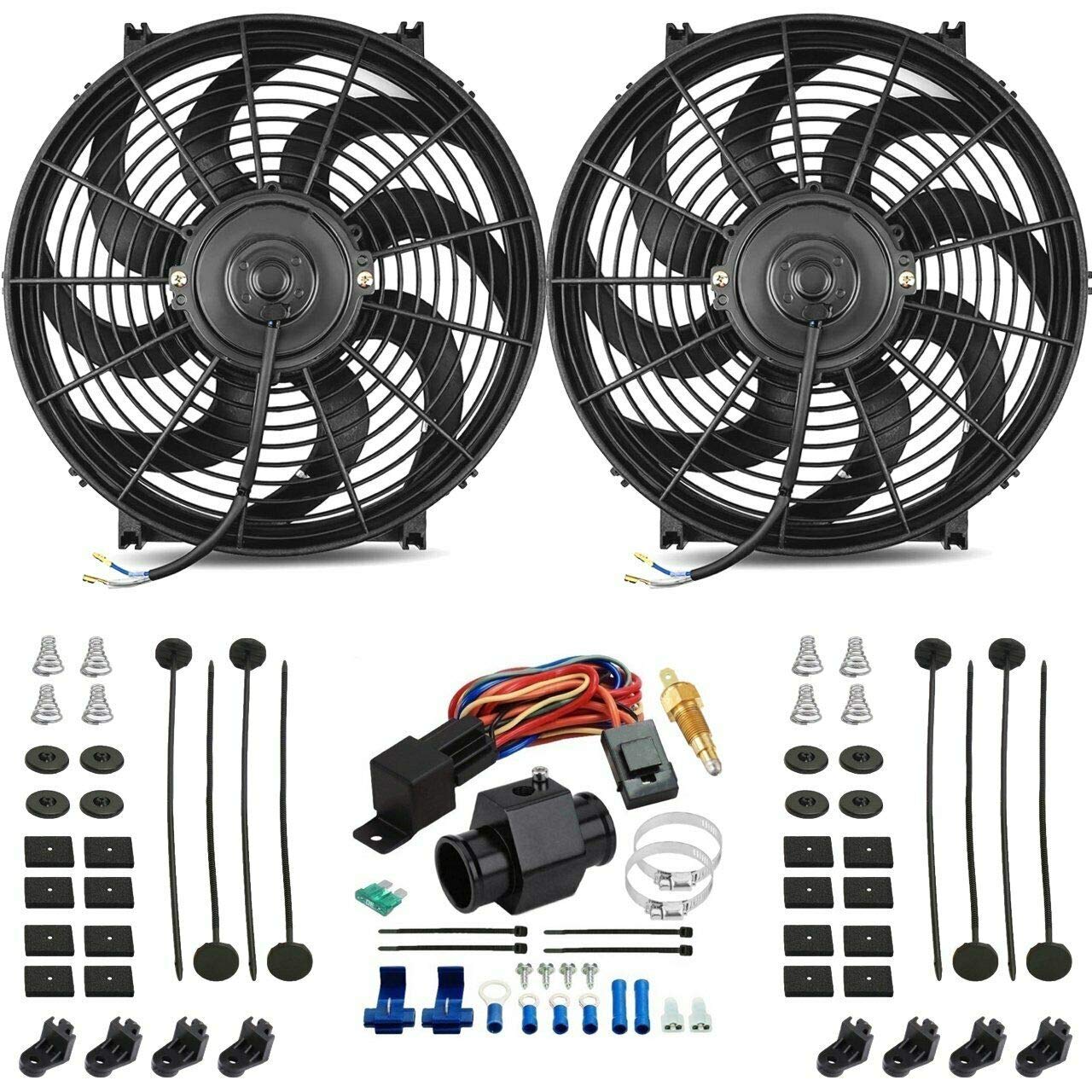 Dual 14 Inch 120W Electric Cooling Fan with 1.5 Inch Hose & 180°F Thermostat Switch Wiring Kit - Perfect for Car Engine Cooling, Radiator Systems, and Automotive Temperature Control