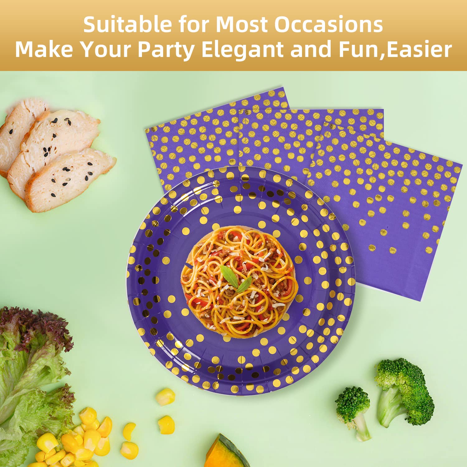 Purple and Gold Paper Plates - 100 Pack (50 x 7