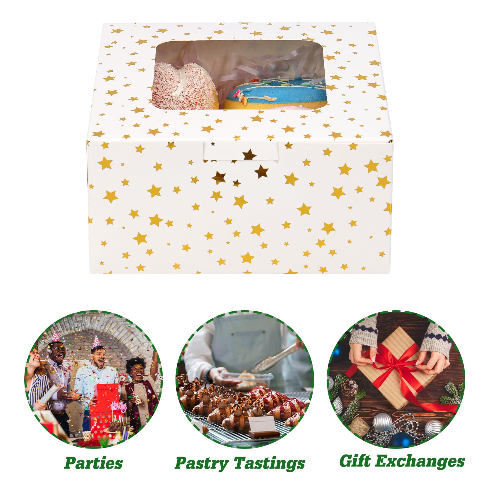 Moretoes 30pcs 6x6x3in Christmas Cookie Boxes with Window & Gold Foil Star - White Bakery Gift Boxes for Holiday Treats, Cupcakes, Donuts, Candy & Pastry Packaging - Perfect for Xmas Gifts, Dessert Parties & Cookie Exchanges