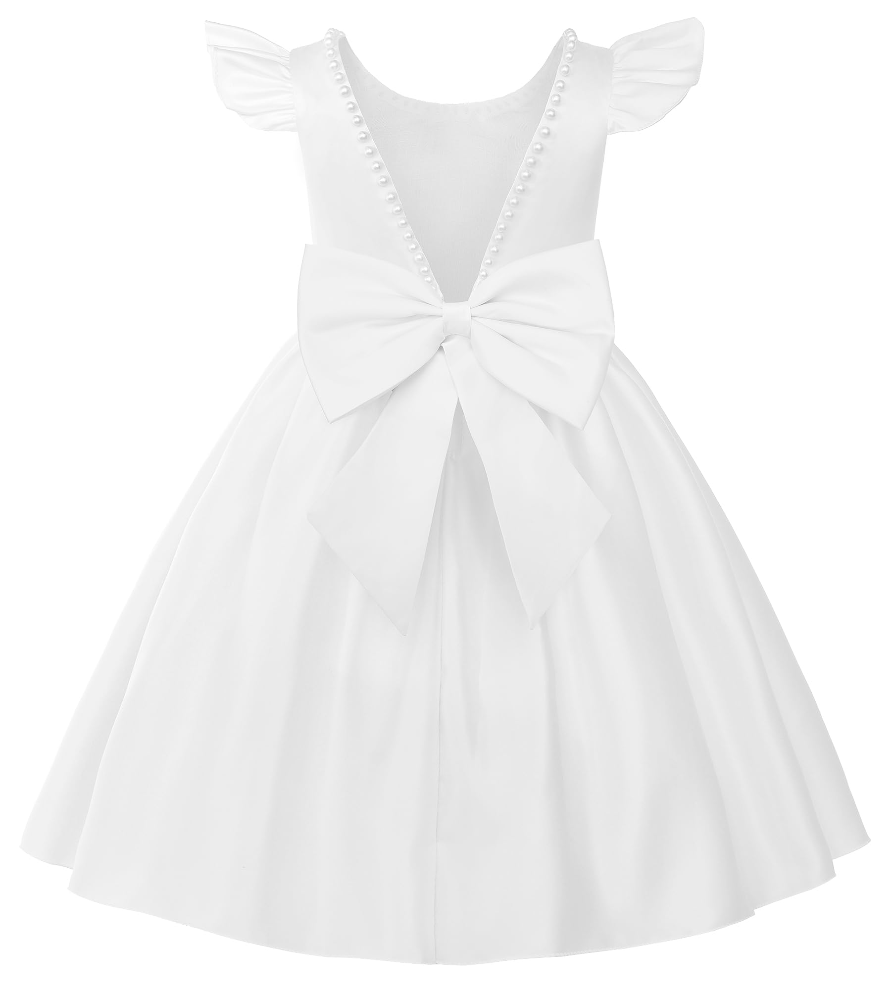 Uhnice Flower Girl Pearl Dress - Flutter Sleeve V-Back Satin Dress with Bowknot for Wedding, Birthday Party | Perfect for Flower Girls, Pageants, and Special Occasions