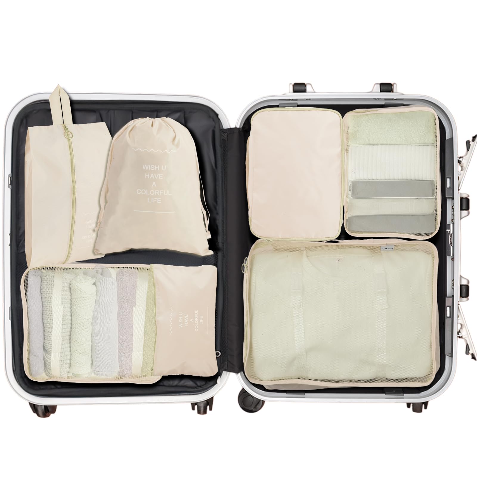 7-Piece Waterproof Packing Cubes Set for Suitcases - Travel Luggage Organizers for Clothes & Shoes Storage (Beige) | Perfect for Business Trips, Vacations & Weekend Getaways