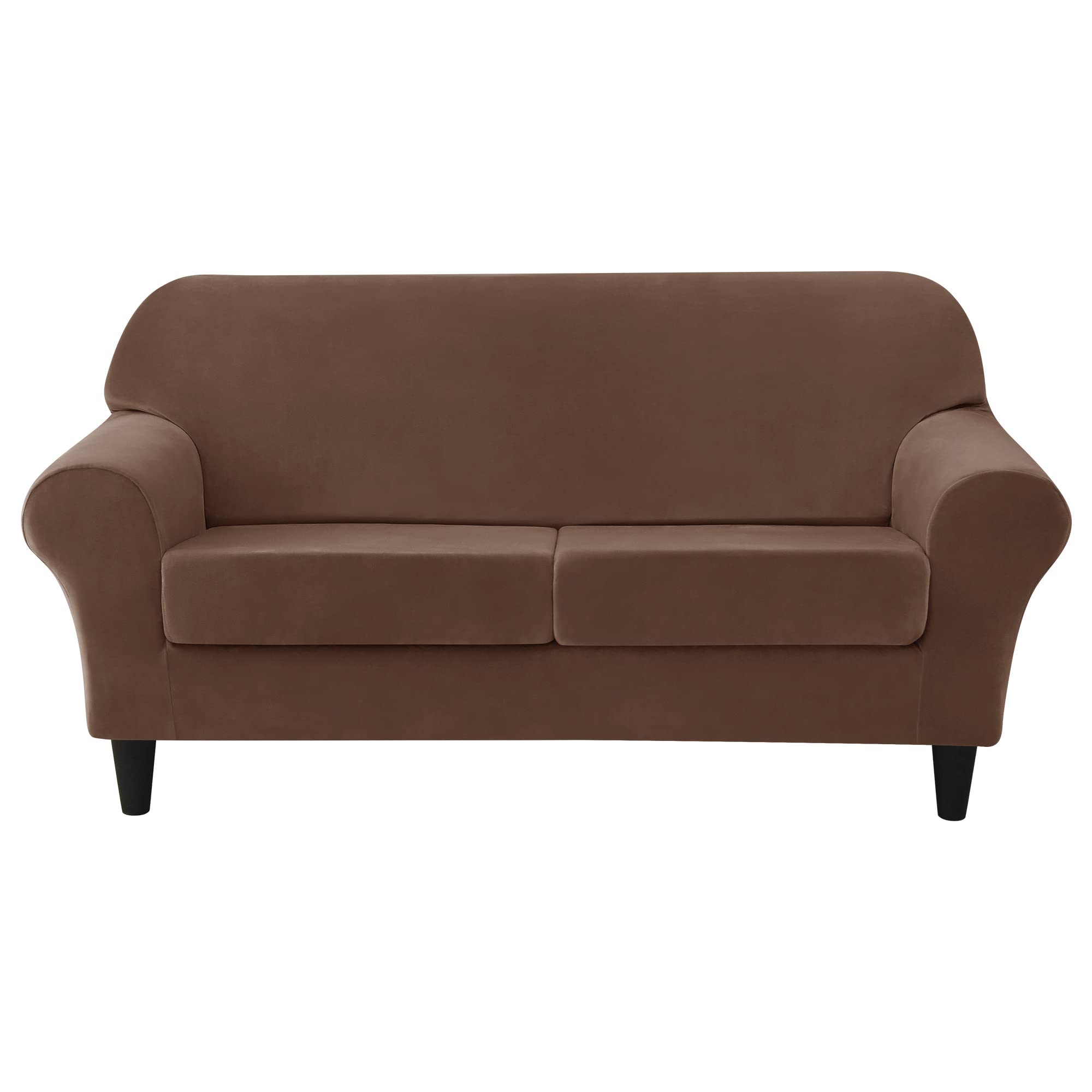 CONRUSER Stretch Sofa Slipcover - Soft Velvet 2 Cushion Couch Cover, Thick Furniture Protector for Pets & Kids (Brown, Medium) | Perfect for Living Room, Family Room & Pet-Friendly Homes