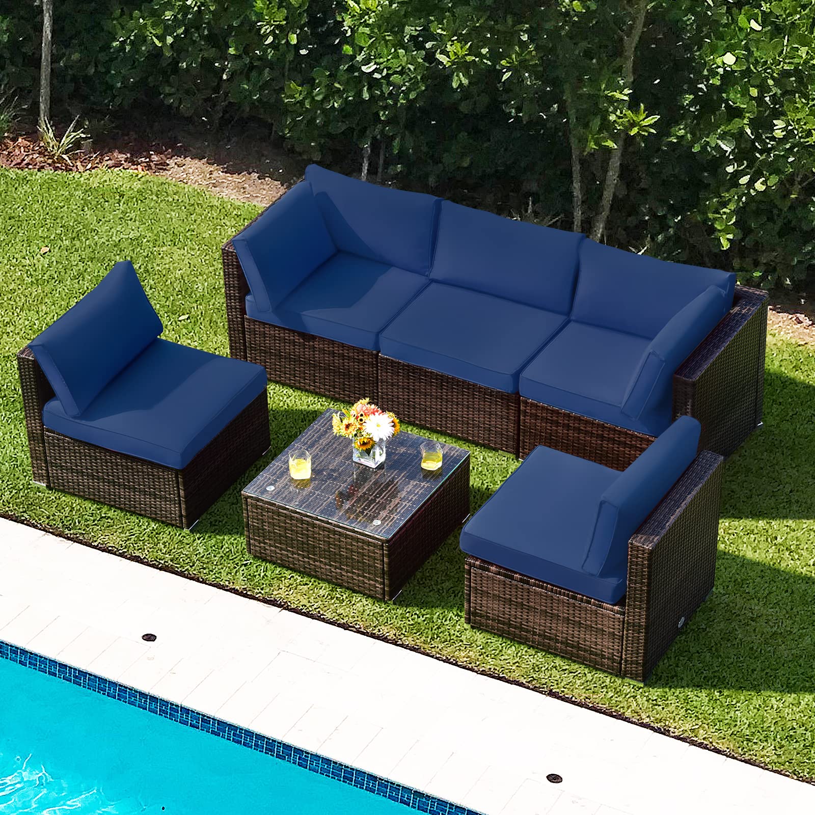 Tangkula 6-Piece Outdoor Patio Furniture Set - All-Weather Wicker Sofa Sectional with Cushions & Glass Coffee Table - Rattan Garden Conversation Set for Backyard, Poolside & Deck (Beige)