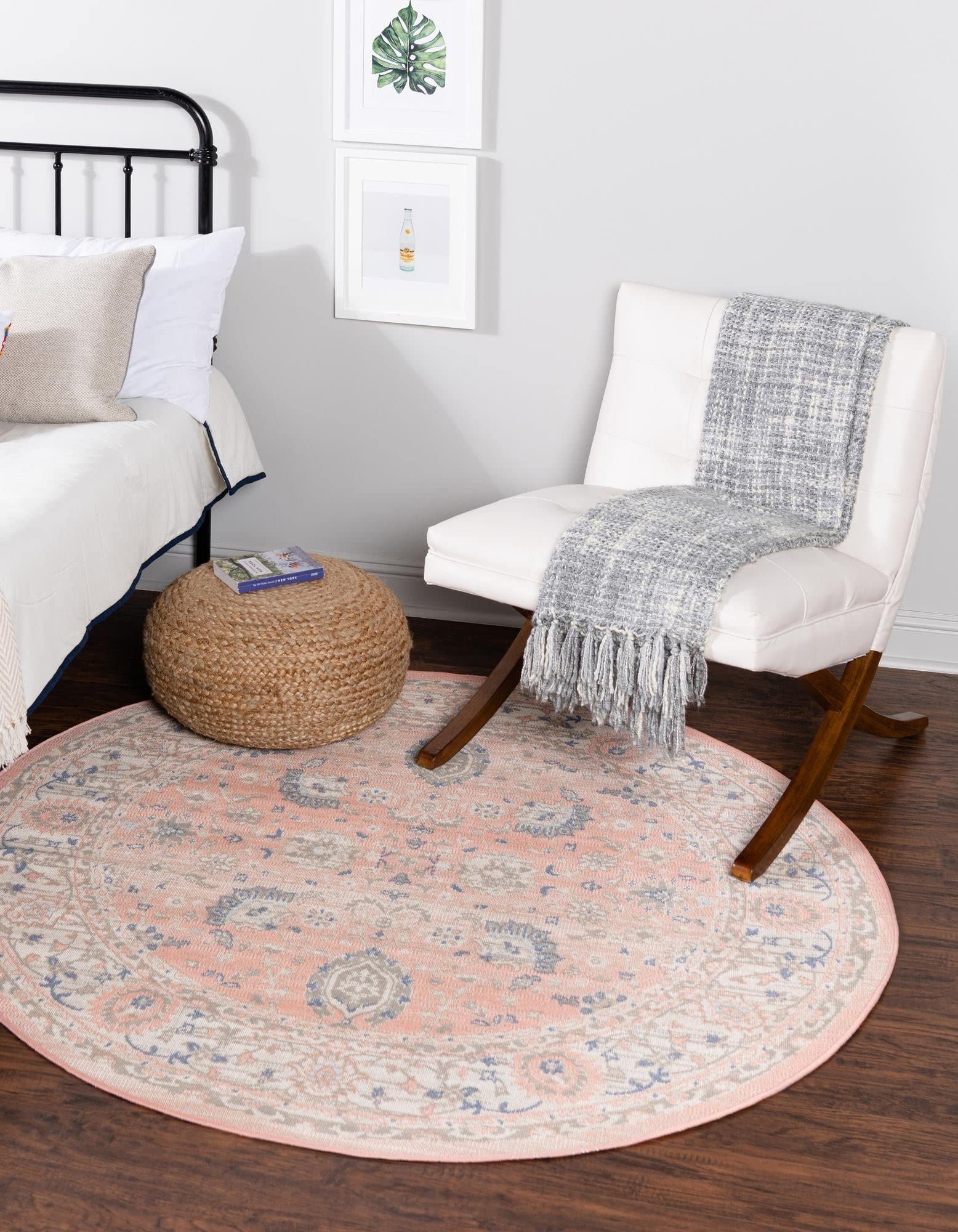 Unique Loom Whitney Collection Traditional Border Round Area Rug 7' x 7' - Powder Pink | Soft & Durable for Living Room, Bedroom, Nursery Decor