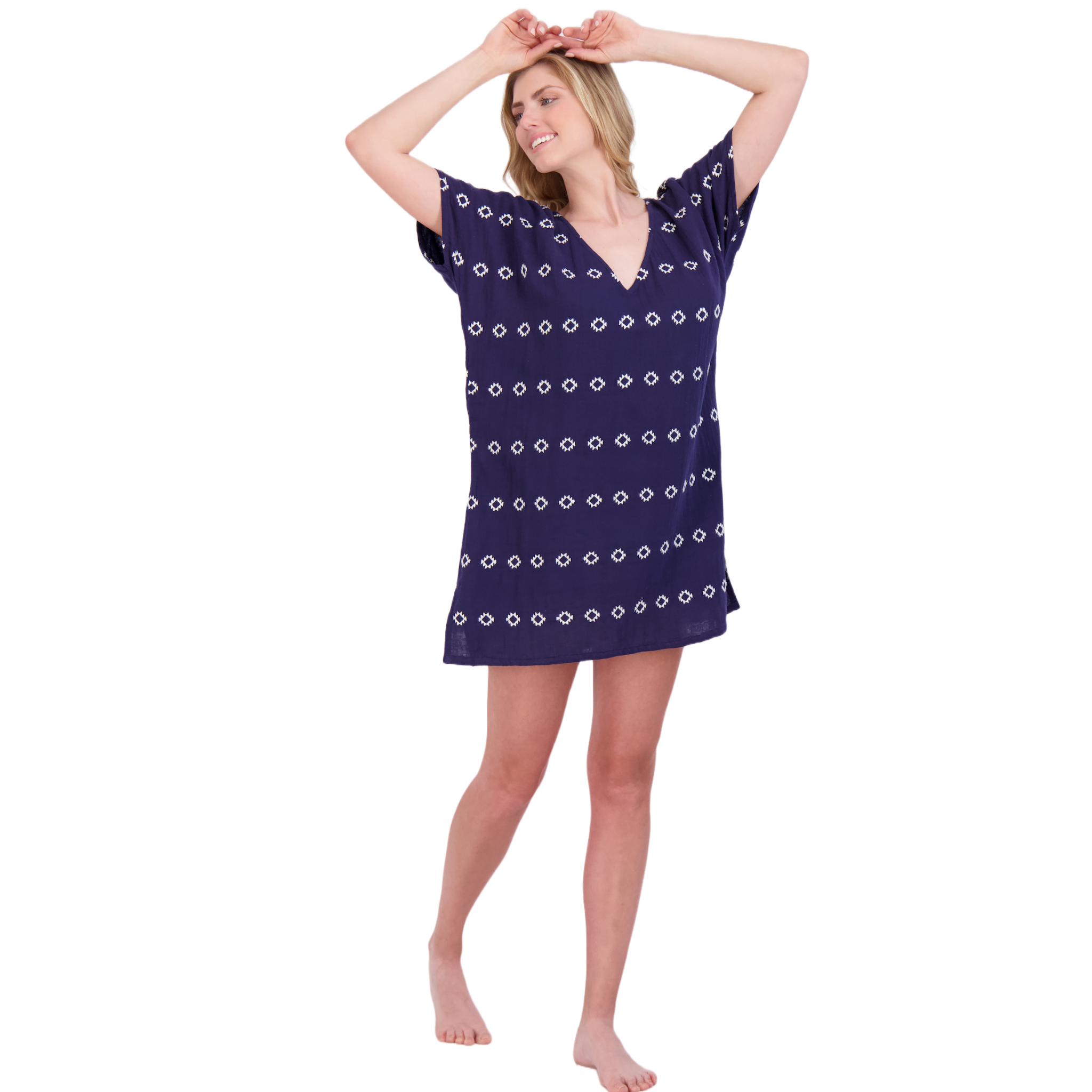 Capucine Women's Mini Caftan Dress - Navy Blue Embroidered Boho Beach Cover Up for Summer Vacation & Poolside Relaxation