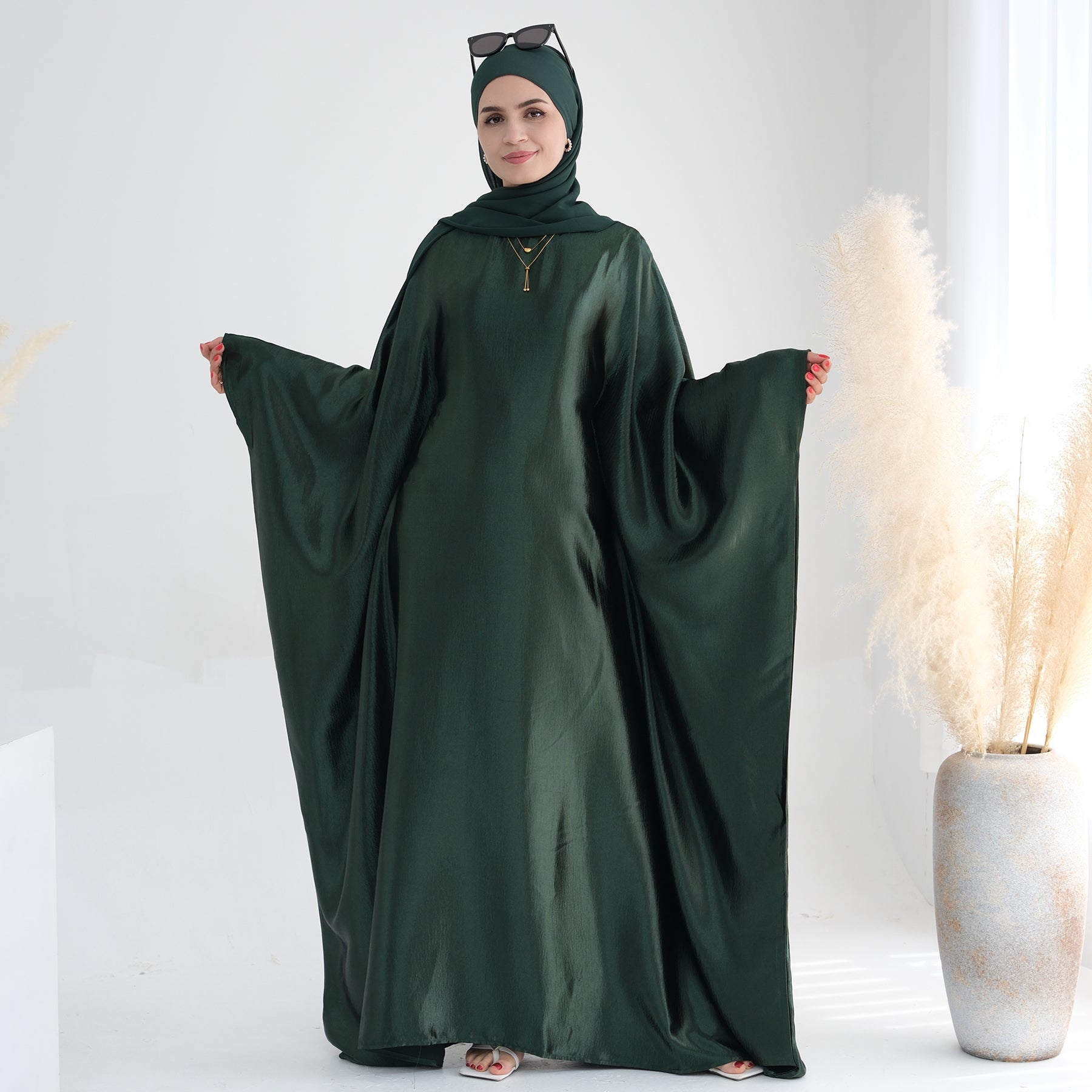 Elegant Alisha Butterfly Satin Abaya Dress for Women - Modest Islamic Prayer Gown - Perfect for Eid, Ramadan, and Special Occasions