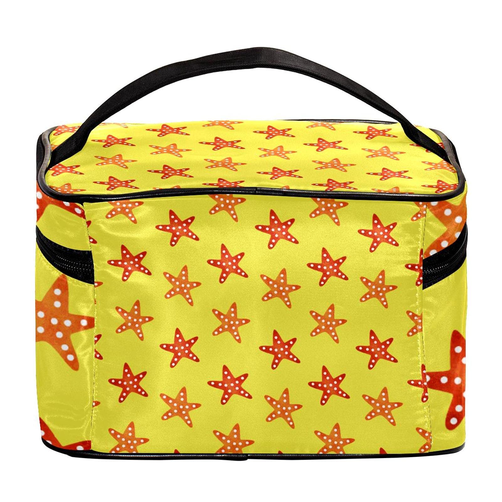 Yellow Starfish Pattern Large Travel Makeup Bag - Waterproof Cosmetic Organizer with Zipper for Women & Girls - Perfect for Beach Trips, Vacations & Daily Makeup Storage
