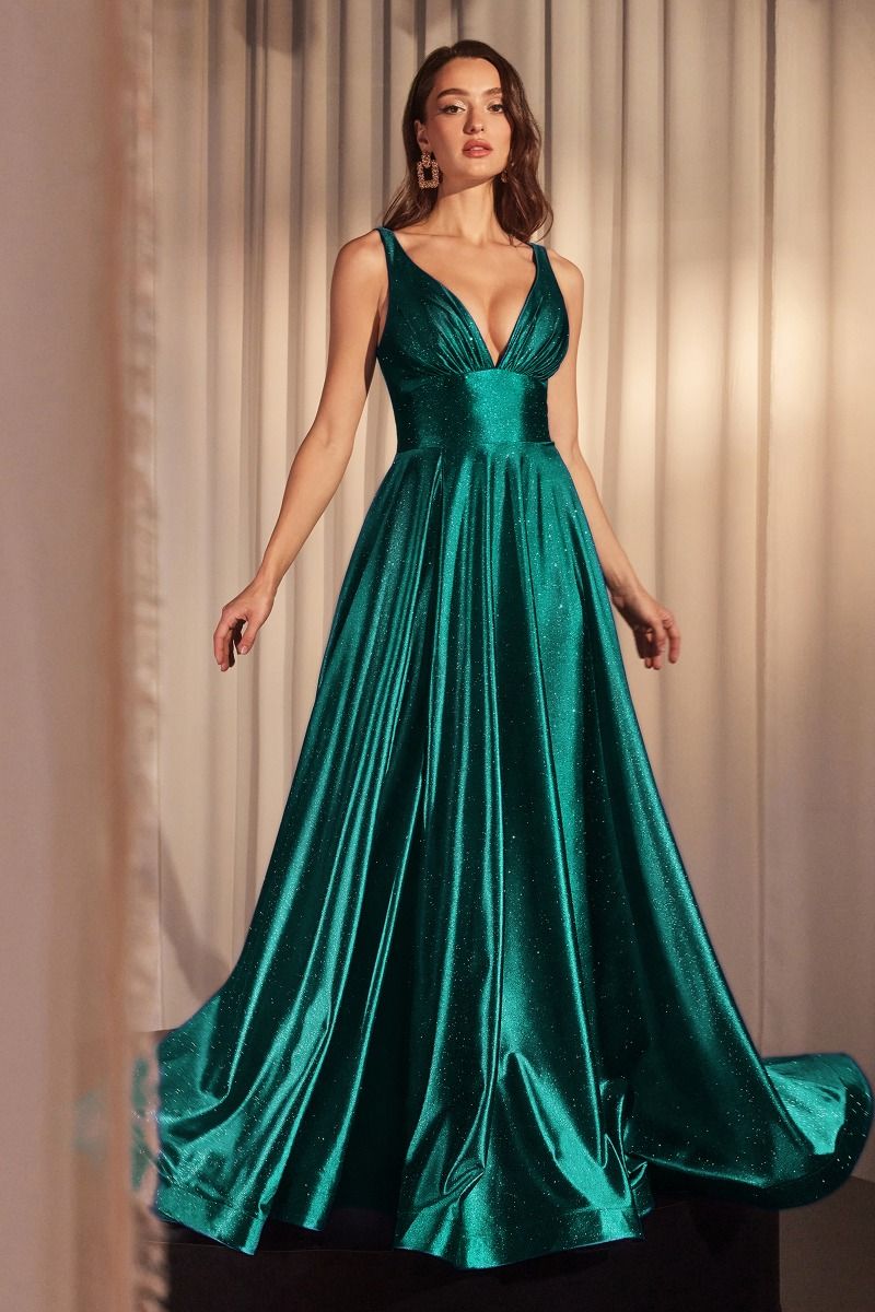 Cecily Gown - Emerald Green Glimmering Stretch Satin A-Line Dress for Evening Gala, Prom, Wedding & Special Occasions