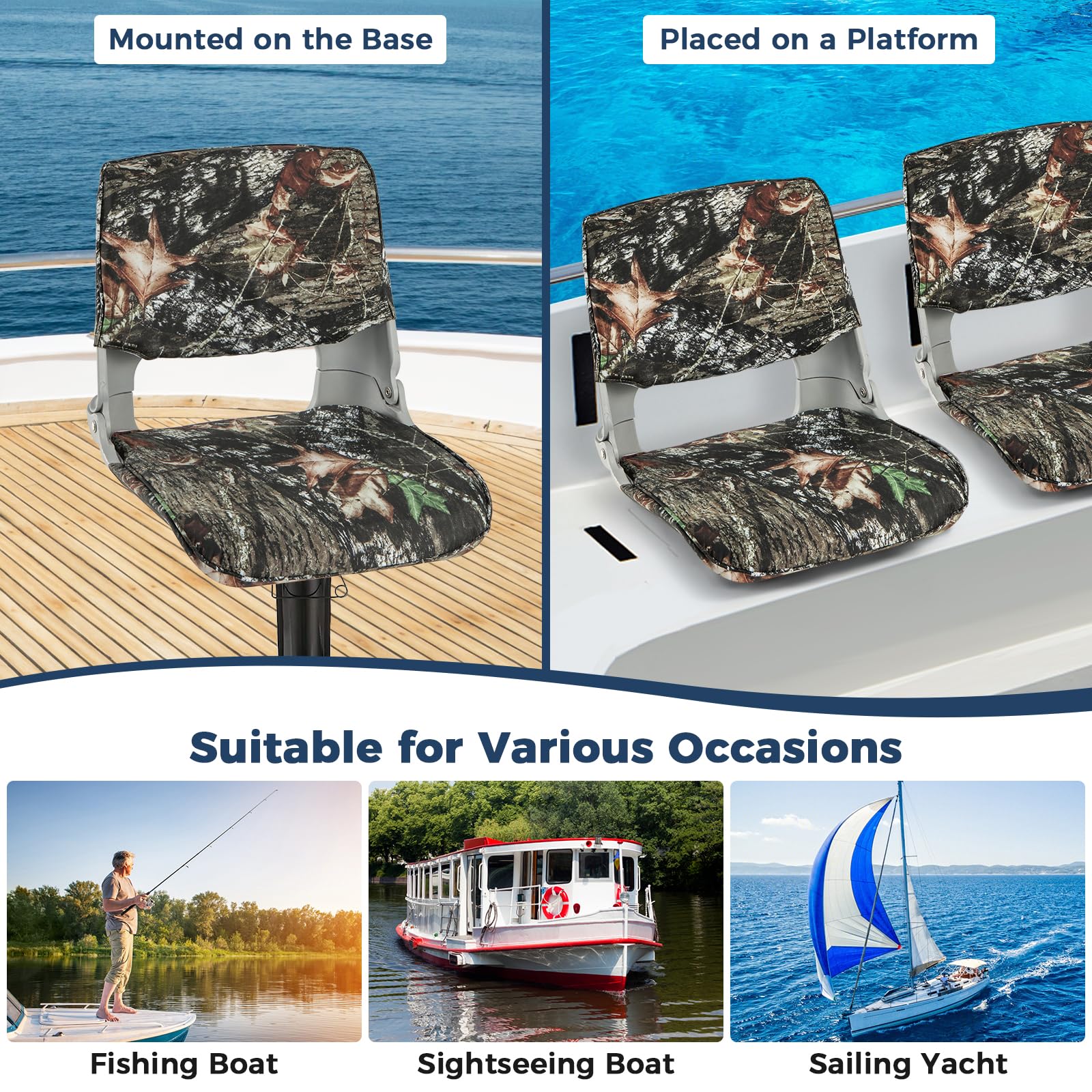 **Goplus Low/High Back Folding Boat Seat with Stainless Steel Screws & Aluminum Hinges – Thickened Sponge Padding, Waterproof Design – Perfect for Fishing, Boating & Marine Use (1 Pack, Camo & Gray)**