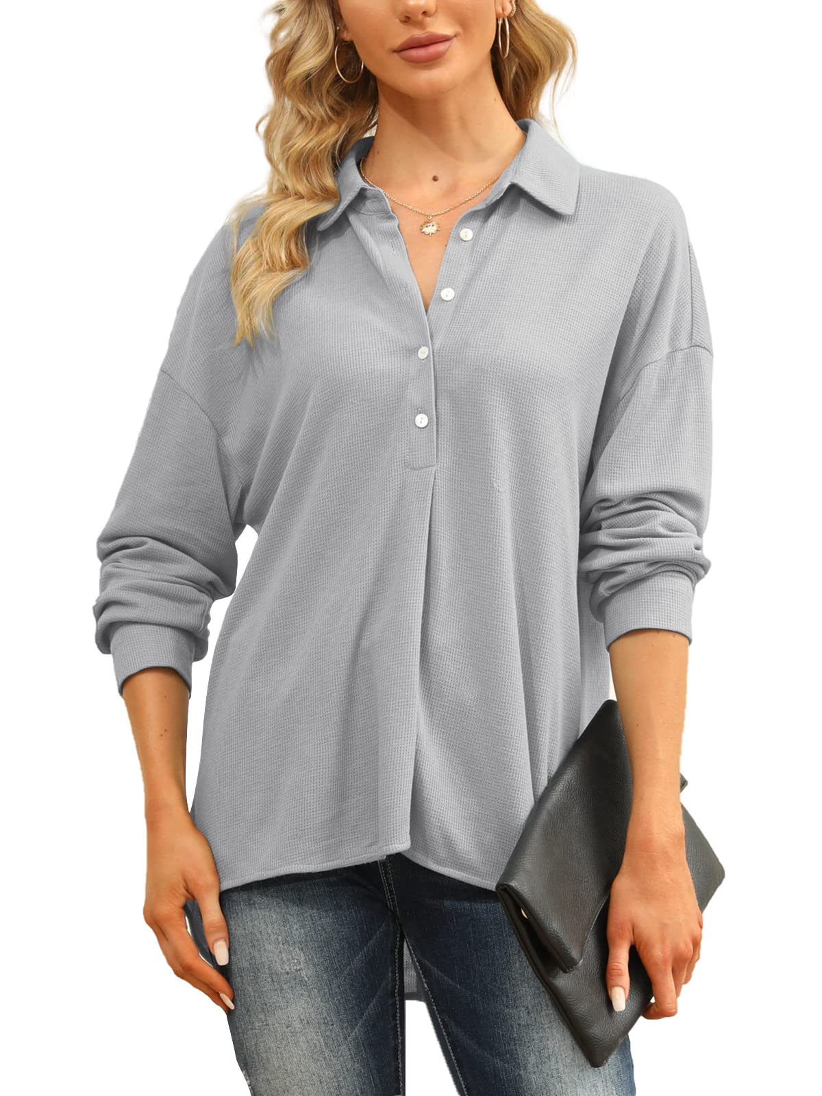 Jeanewpole1 Women's Long Sleeve Waffle Knit Button Down Collared Shirt - Casual Office Wear, Fall Layering & Winter Outfits