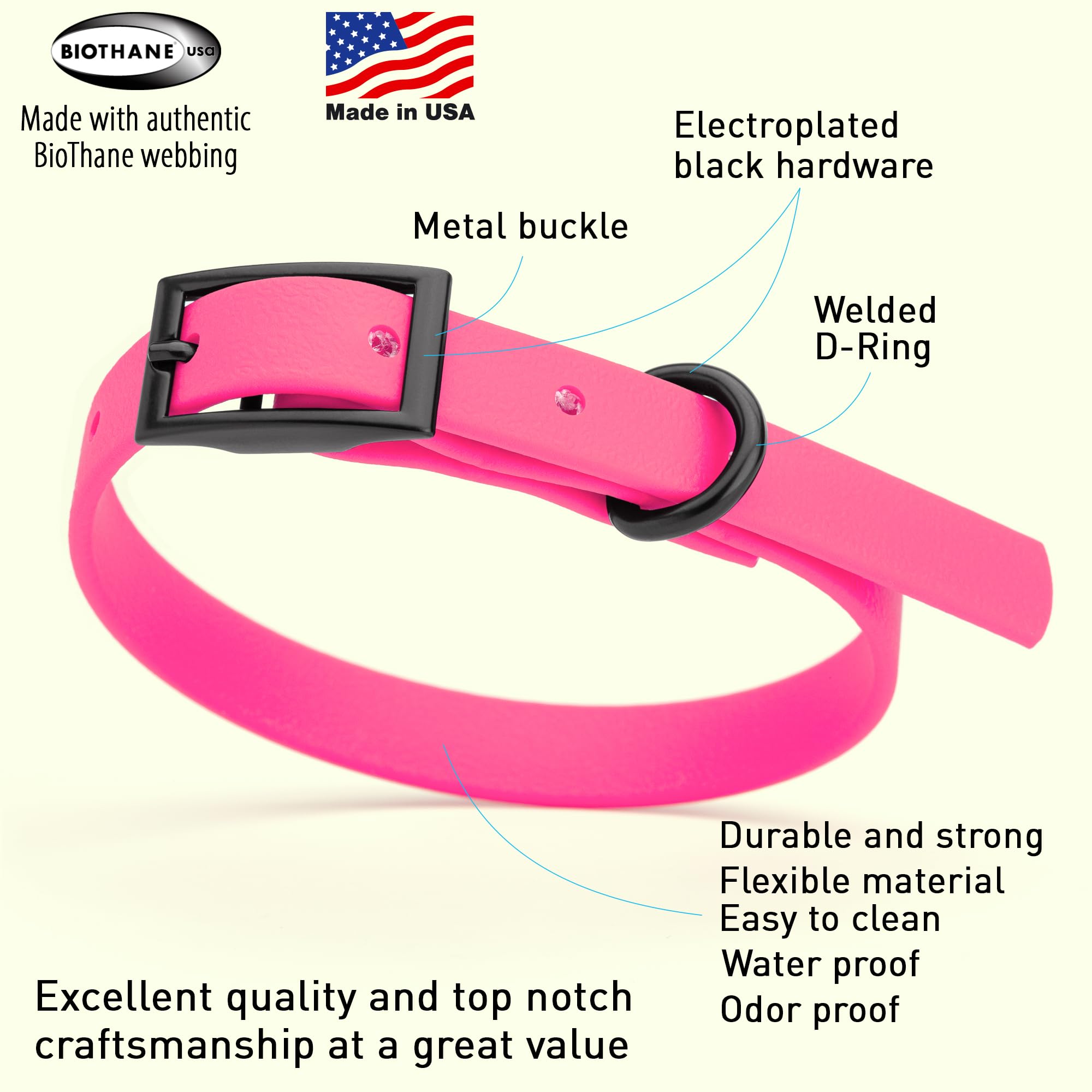 Waterproof Biothane Dog Collar - Strong Coated Nylon Webbing with Black Hardware - Odor-Proof, Easy to Clean - Small/Medium/Large Dog Collar - Passionfruit Pink - Perfect for Outdoor Adventures, Swimming & Daily Walks