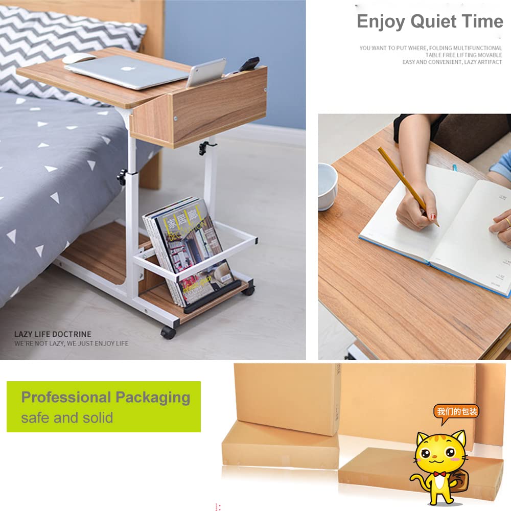 Adjustable Height Rolling Side Table with Wheels & Storage Shelves - Mobile Couch Snack Table, Wooden End Table for Living Room, Bedroom - Perfect for Laptop Use, Snacks & Drinks While Relaxing on Sofa or Bed
