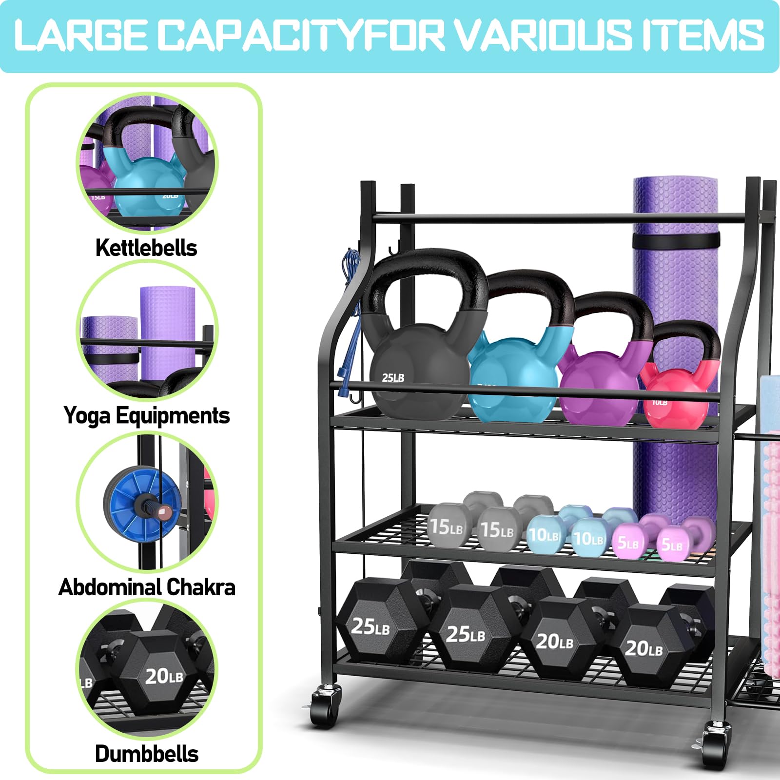 Heavy Duty Adjustable Weight Rack for Dumbbells & Kettlebells - 450 lbs Capacity Home Gym Storage Organizer with Wheels & Hooks - Perfect for Yoga Mats, Exercise Balls & Fitness Equipment Storage - Ideal for Home Gym, Garage Workout Space & CrossFit Studios