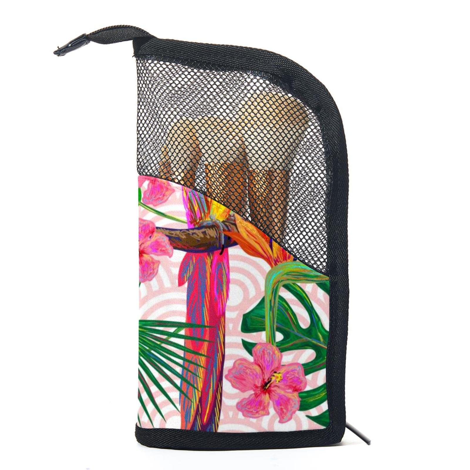 12-Piece Makeup Brush Organizer Bag with Jungle Pink Flower Parrots Design - Portable Cosmetic Brush Holder Case for Travel, Home & Professional Makeup Storage