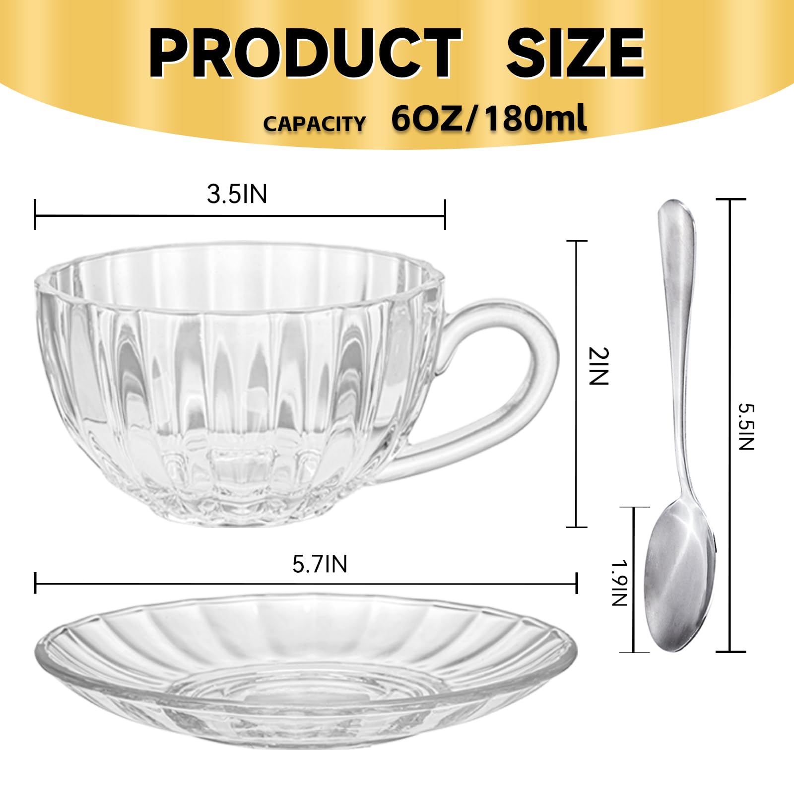 Premium 6-Piece Glass Tea Cup and Saucer Set with Stainless Steel Spoon - 6oz/180ml Clear Coffee Mugs for Espresso, Cappuccino, Latte, Tea & Juice - Dishwasher & Microwave Safe - Perfect for Home, Office, Cafe or Gift Giving