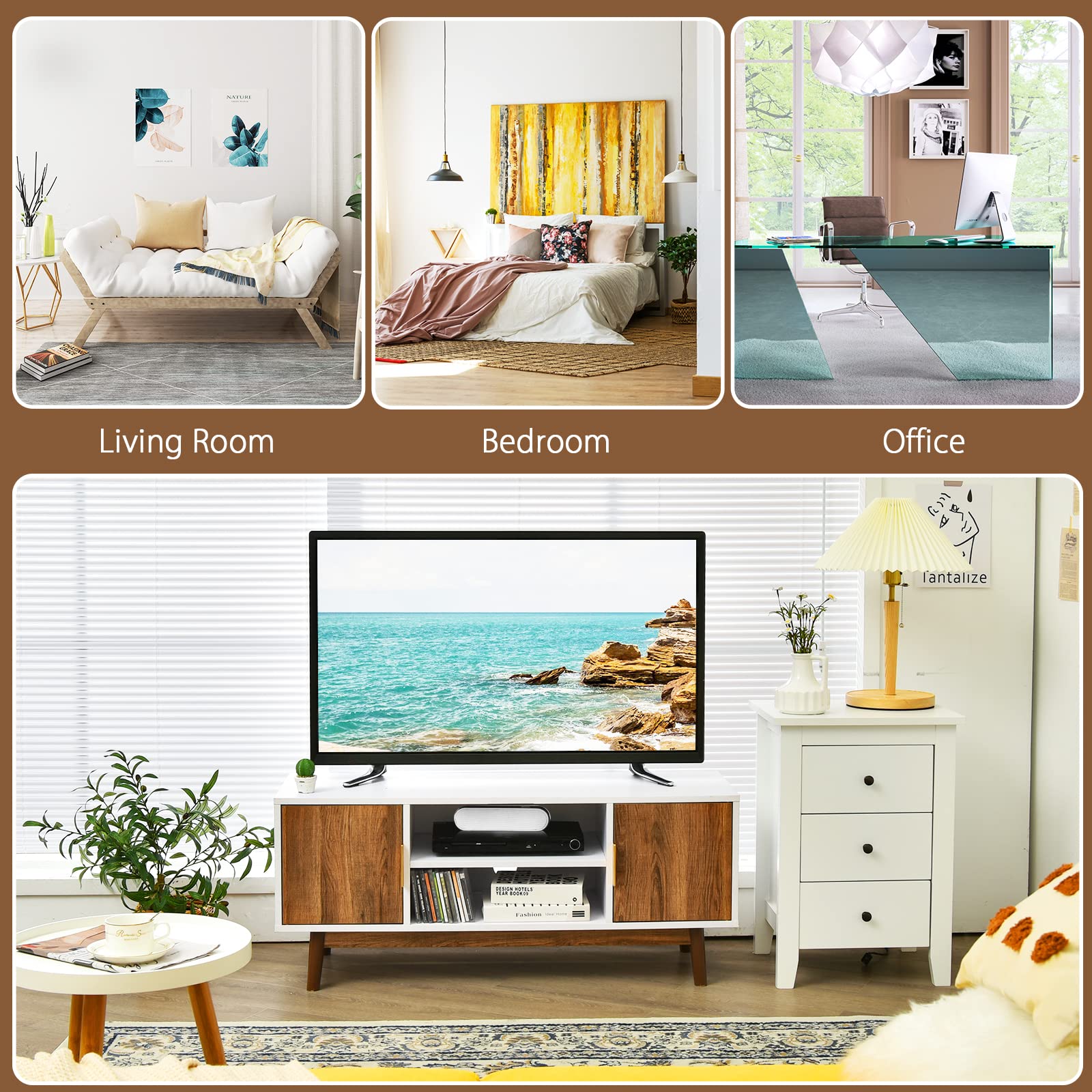 65 Inch Wooden TV Stand with Storage - Farmhouse Style Media Console for Living Room & Bedroom | 2 Cabinets & 2 Shelves Entertainment Center | White & Brown TV Stand for Home Theater Setup & Family Movie Nights