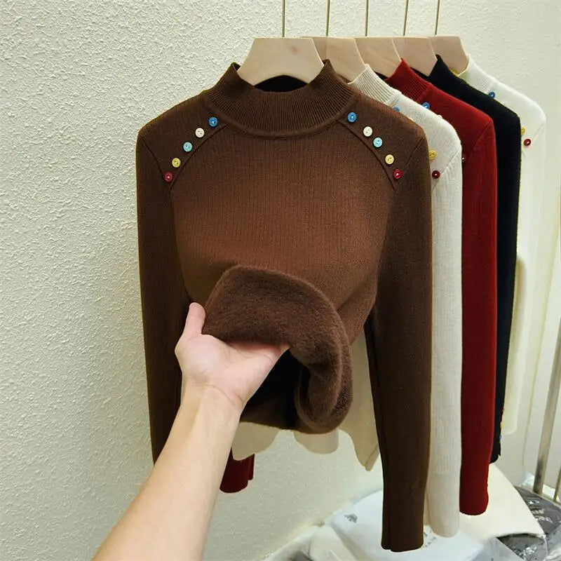 Women's Solid Color Velvet Button Sweater - Korean Fashion Warm Knitwear Long Sleeve Pullover Top for Autumn Winter | Cozy Thick Festival Wear for Holiday Parties & Casual Outings