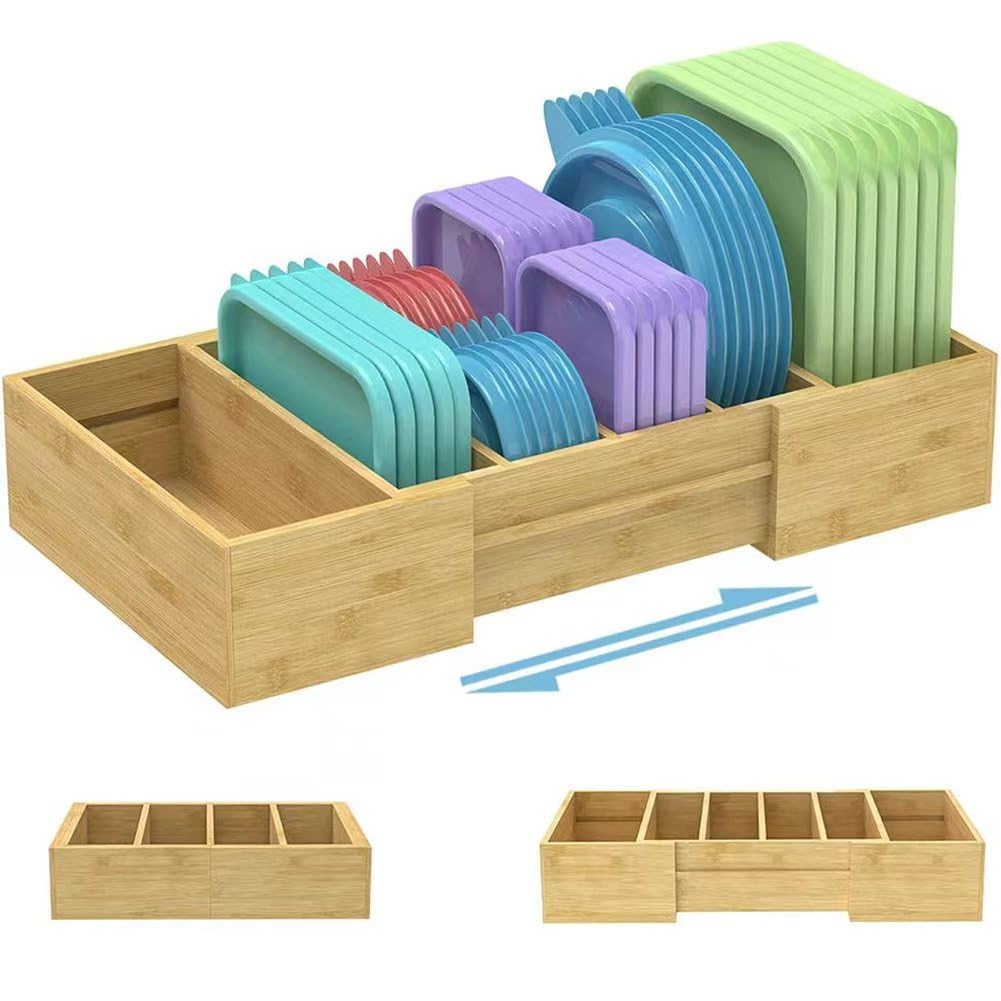 Expandable Bamboo Food Container Lid Organizer - Adjustable Cabinet Storage for Plastic Lids & Covers - Retro Style Organizer Rack with Dividers - Perfect for Kitchen Cabinet & Pantry Organization