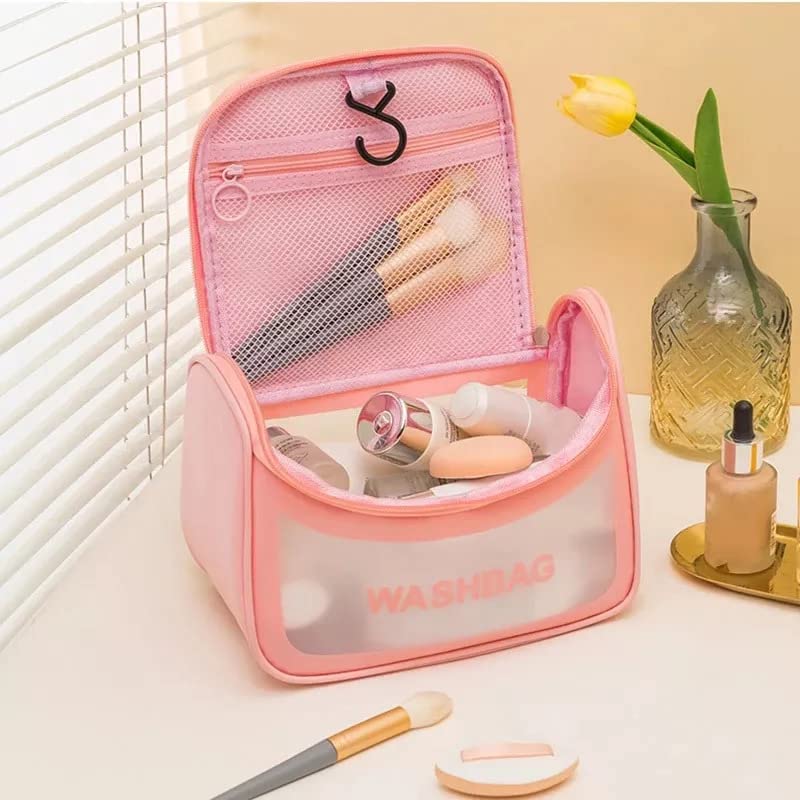 Shaktism Large Waterproof PVC Makeup Bag for Women - Multi-Functional Cosmetic Organizer with Hook, Travel Toiletry Case for Bath Accessories & Grooming Kit (Pink) | Perfect for Travel, Gym, College Dorm & Everyday Use