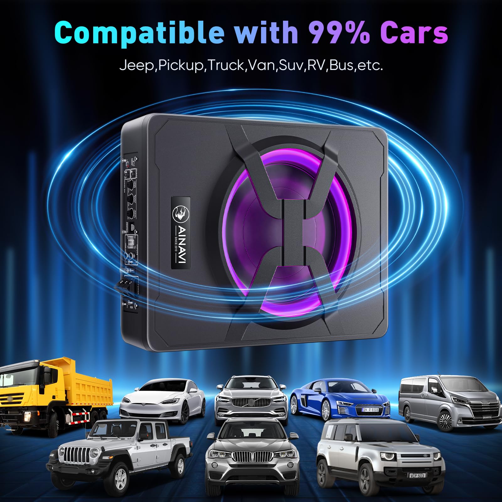 AINAVI 10 Inch Under Seat Car Subwoofer with 800W Built-in Amplifier, Multi-Color Ambient Lighting & Remote Control - Powerful Bass for Trucks, SUVs & Sedans - Perfect for Road Trips & Music Lovers