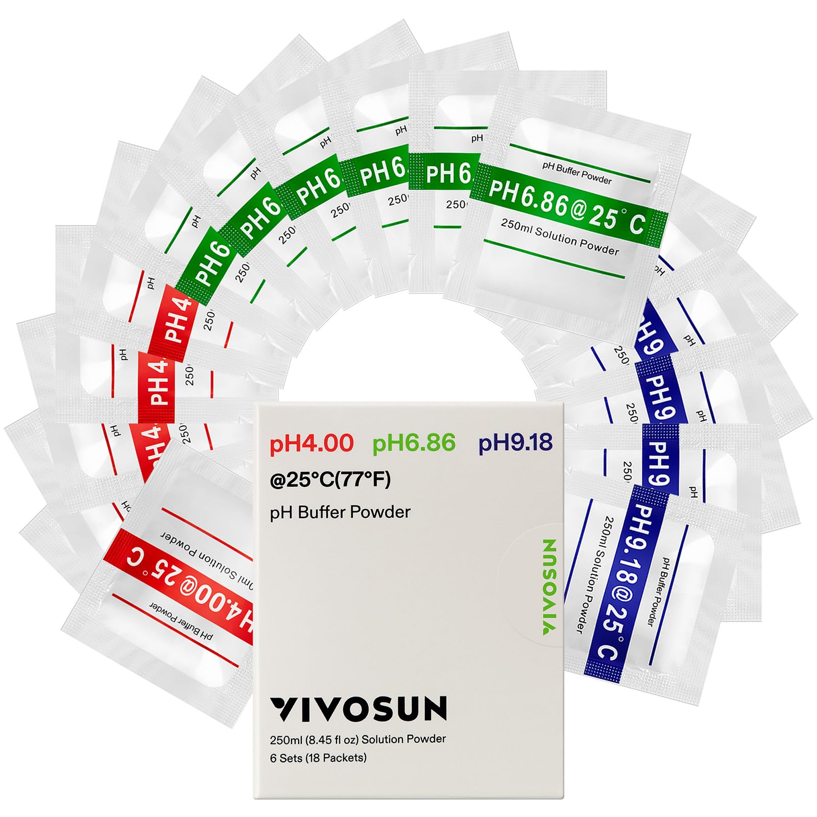 VIVOSUN 18-Pack pH Meter Buffer Solution Powder - pH 6.86, 4.00 & 9.18 Calibration Standards for Precise pH Testing | Ideal for Hydroponics, Aquariums, Swimming Pools & Laboratory Use