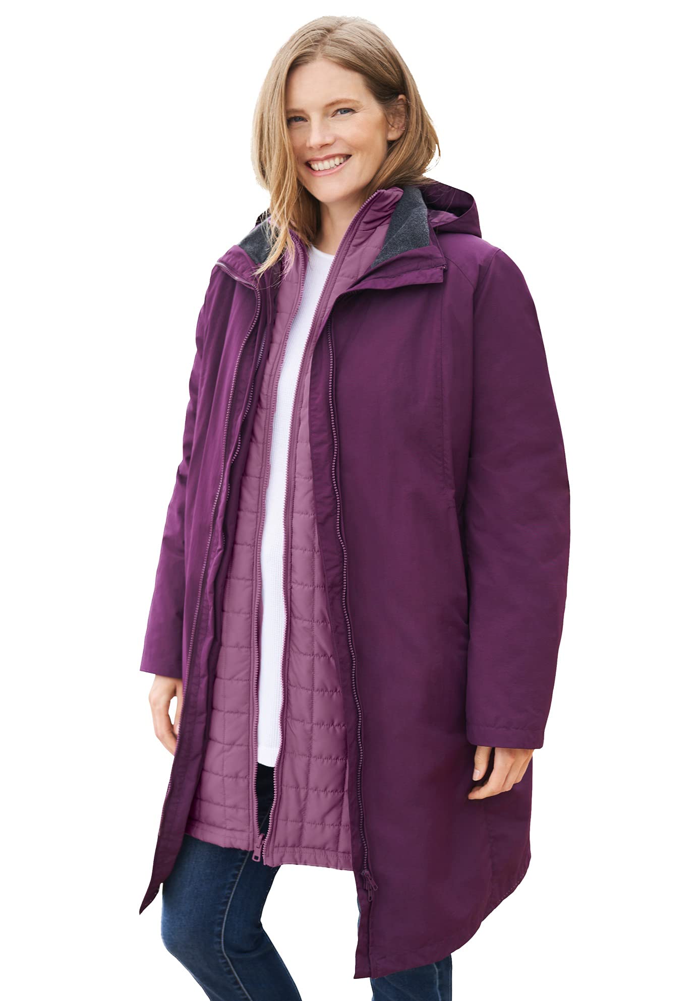 Woman Within Women's Plus Size 3-in-1 Hooded Taslon Jacket - Waterproof Windbreaker for Outdoor Hiking & Casual Wear