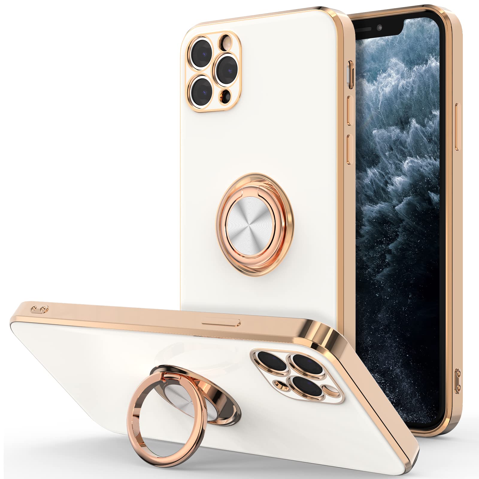 Hython iPhone 11 Pro Max Case with 360° Rotatable Ring Stand - Rose Gold Plated Magnetic Kickstand Cover | Slim Soft TPU Protective Phone Case for Women & Men (White) | Perfect for Work, Travel & Hands-Free Viewing