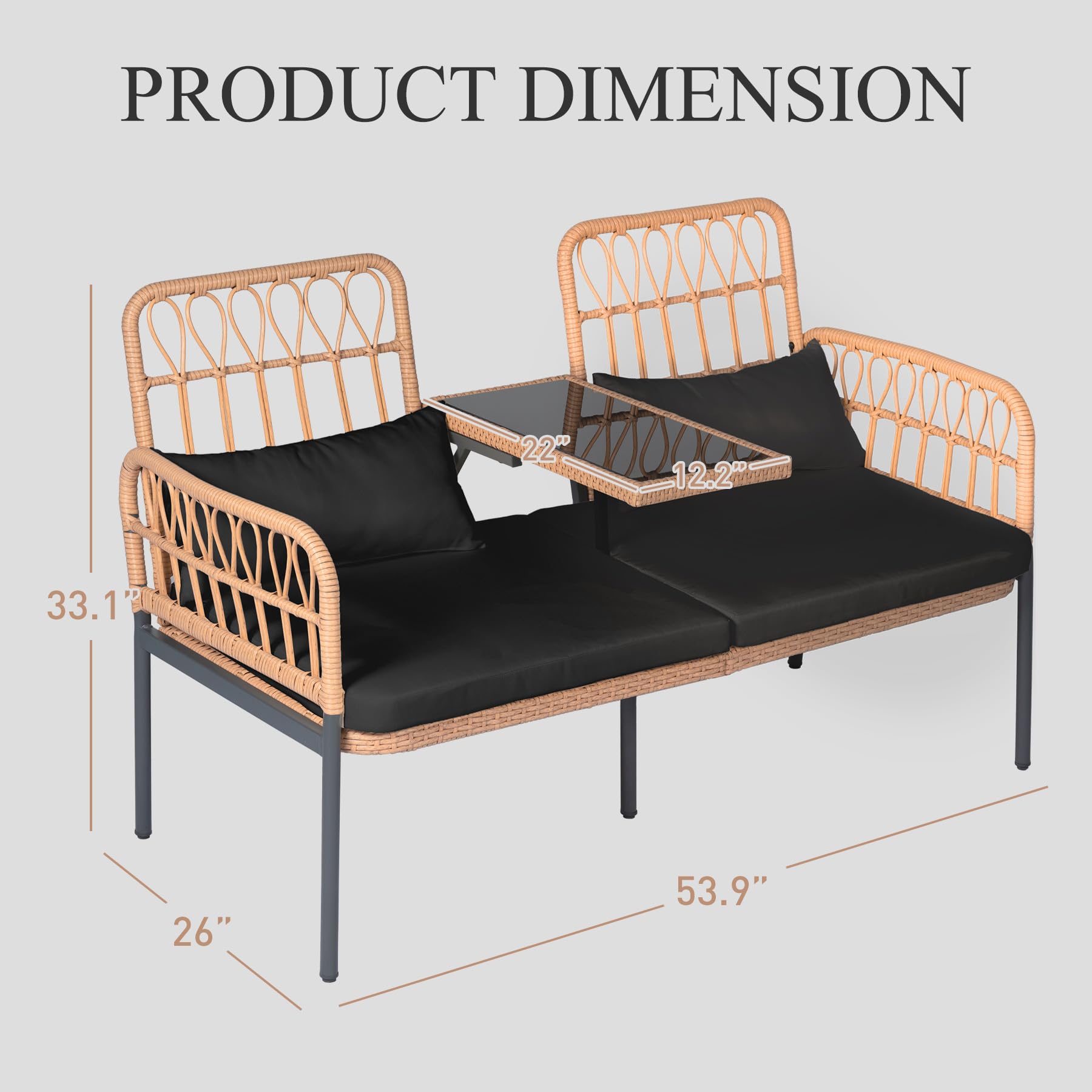 PROHIKER Outdoor Rattan Loveseat 2-Seater with Built-in Table & Cushions - All-Weather Wicker Patio Furniture Set with Lumbar Pillows - Perfect for Balcony, Porch, Garden, Backyard & Poolside Relaxation