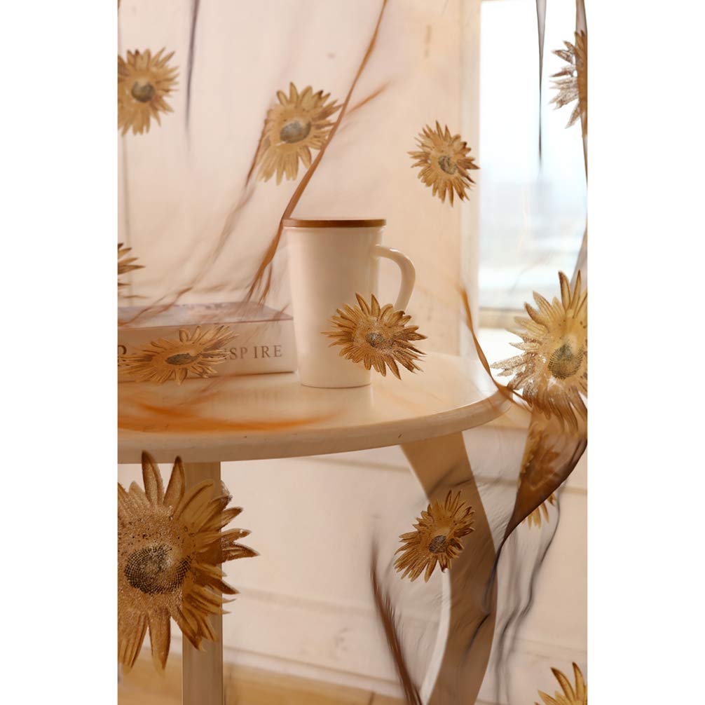 BESPORTBLE Crushed Voile Sheer Curtains - Flax Linen Window Treatments with Sunflower Pattern, Semi-Transparent Tulle Drapes for Living Room & Bedroom (Set of 2 Panels)