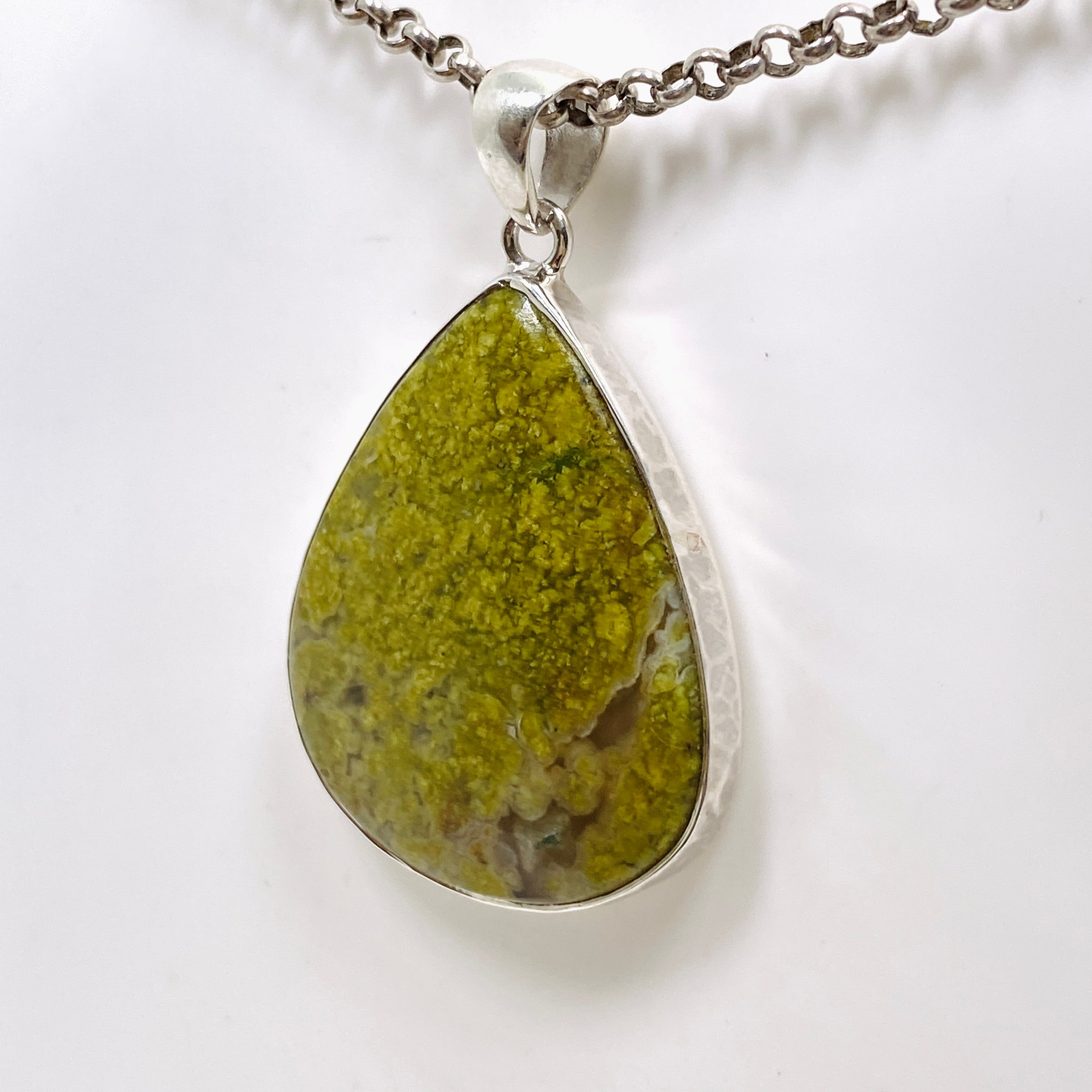 Natural Green Opal (Madagascar) Teardrop Cabochon Pendant Necklace - Handcrafted Hammered Sterling Silver Setting KPGJ4665 - Perfect for Boho Jewelry, Gift Giving & Special Occasions
