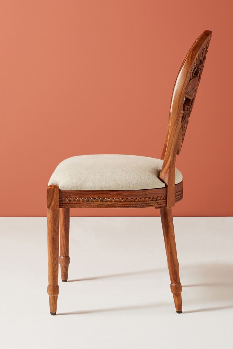 Hand Carved Bee Design Wooden Dining Chair - Natural Indian Wood - Perfect for Home, Restaurant, and Outdoor Dining